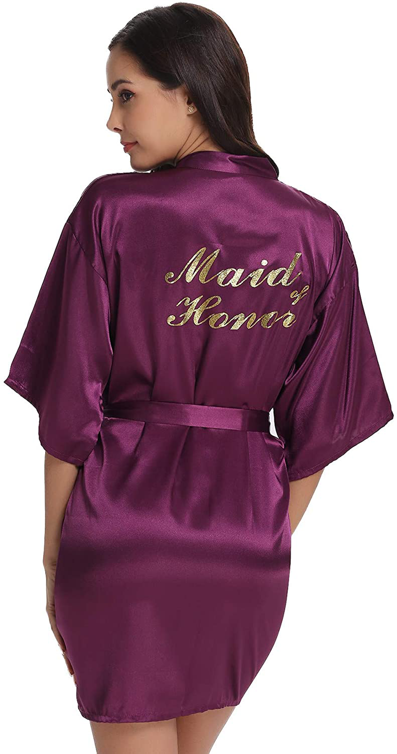 Vlazom Women'S Satin Robe Short Kimono for Bride & Bridesmaid Wedding Party Robes with Gold Glitter or Rhinestones Apparel & Accessories > Clothing > Sleepwear & Loungewear > Robes KYLIE MAX Dark Purple(maid of Honor) XX-Large