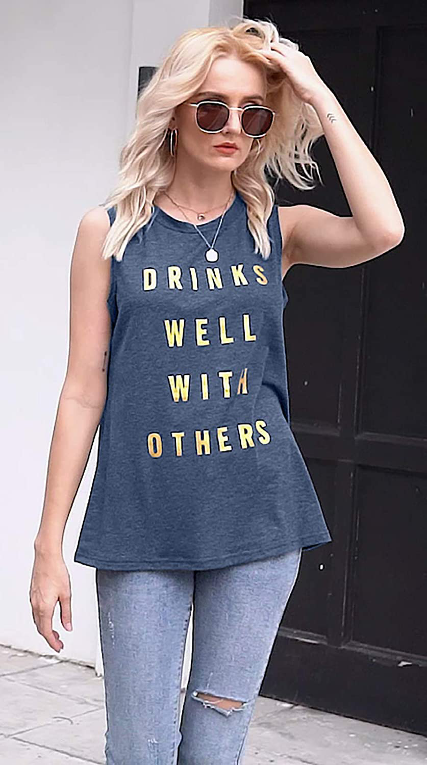 Drinks Well with Others Muscle Tank Tops Womens Funny Drinking Alcohol Sleeveless Letter Printed Graphic Tee Shirt Tops Apparel & Accessories > Clothing > Activewear Kylie Max