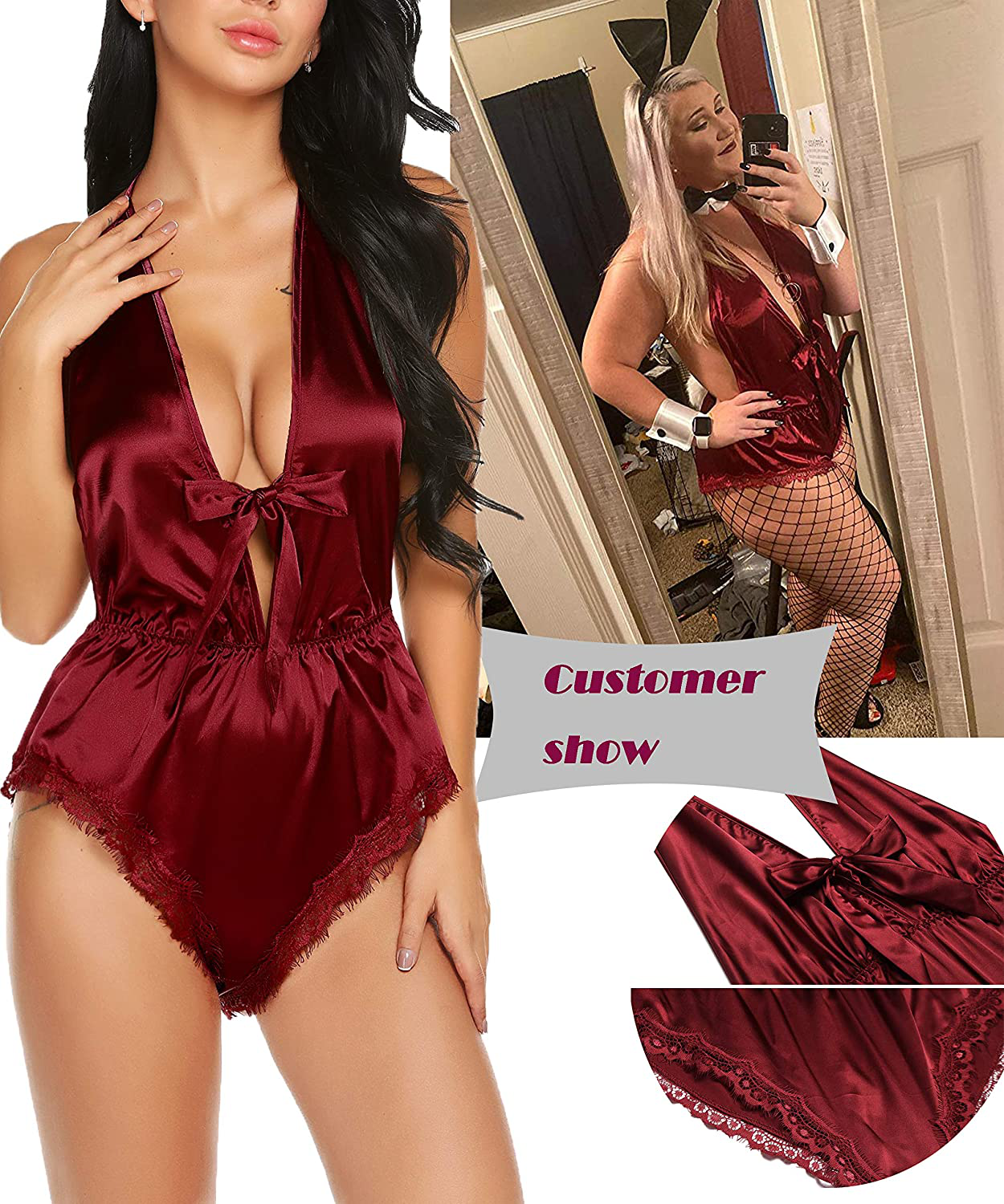 Avidlove Women Lingerie Satin Bodysuit Teddy Babydoll One Piece Halter Pajamas Deep V Jumpsuit Short Nightwear Apparel & Accessories > Clothing > Underwear & Socks > Lingerie Avidlove