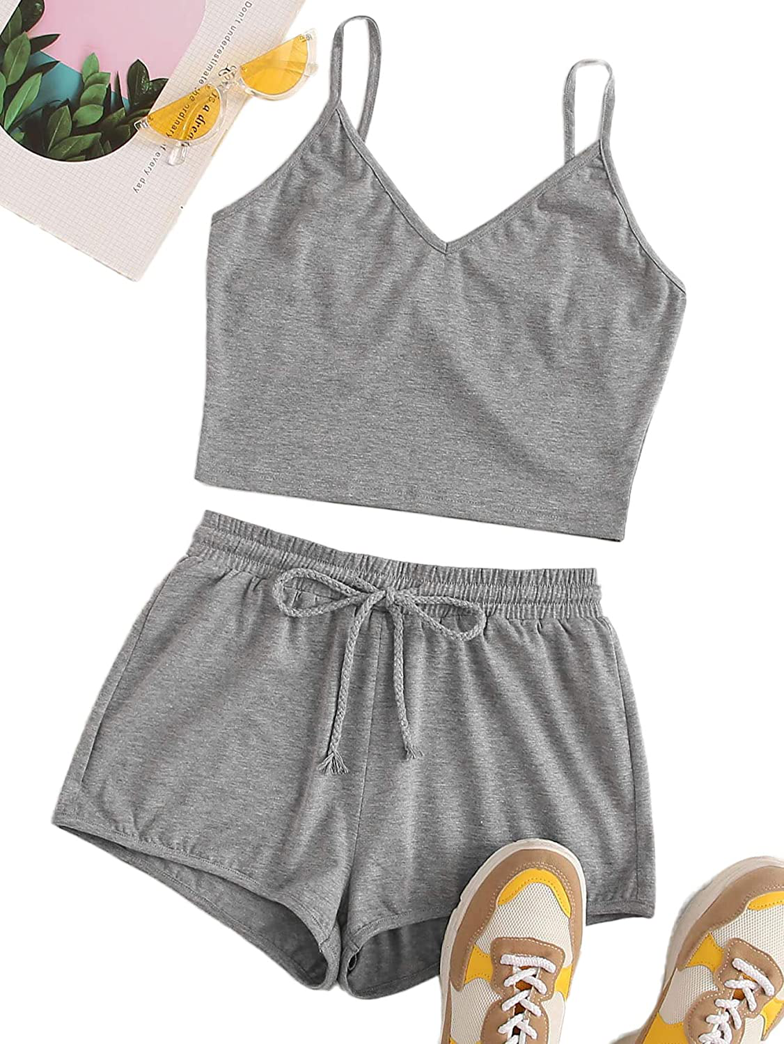 Sweatyrocks Women'S Suit Two Piece Outfits Sleeveless Crop Cami Top and Shorts Set Apparel & Accessories > Clothing > Sleepwear & Loungewear Kylie Max