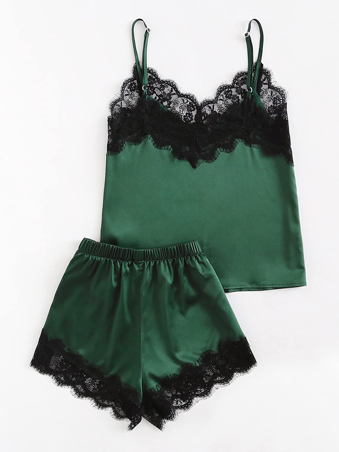 Makemechic Women'S Lace Satin Sleepwear Cami Top and Shorts Pajama Set Apparel & Accessories > Clothing > Sleepwear & Loungewear Kylie Max