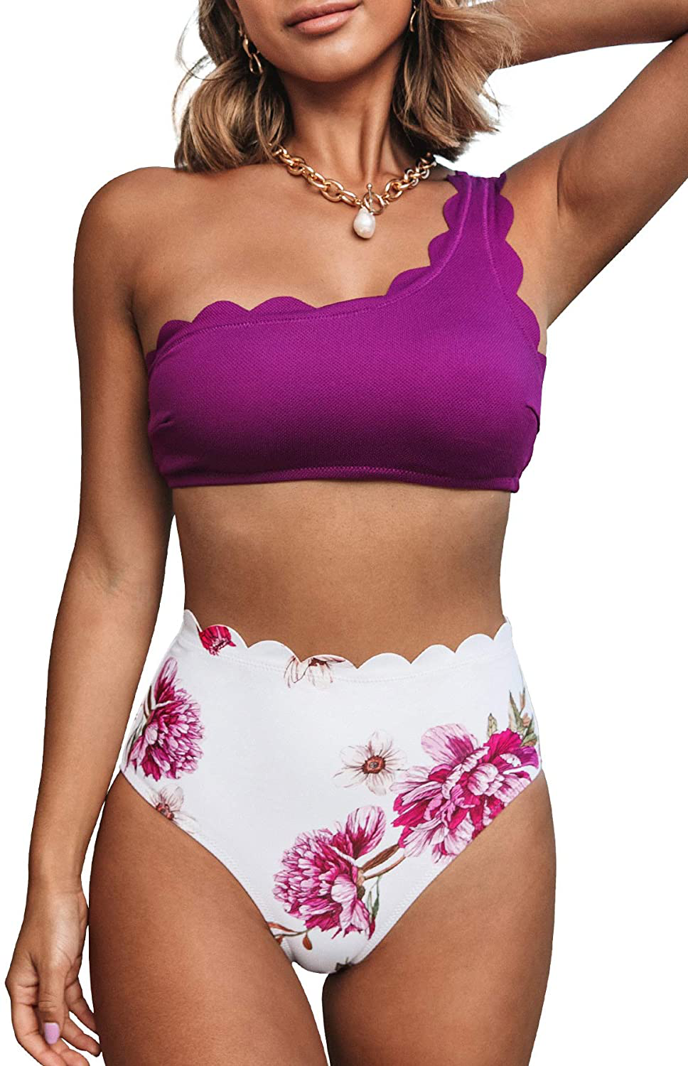 CUPSHE Women's Bikini Swimsuit High Waist Floral Print One Shoulder Two Piece Bathing Suit Apparel & Accessories > Clothing > Swimwear CUPSHE Purple Medium