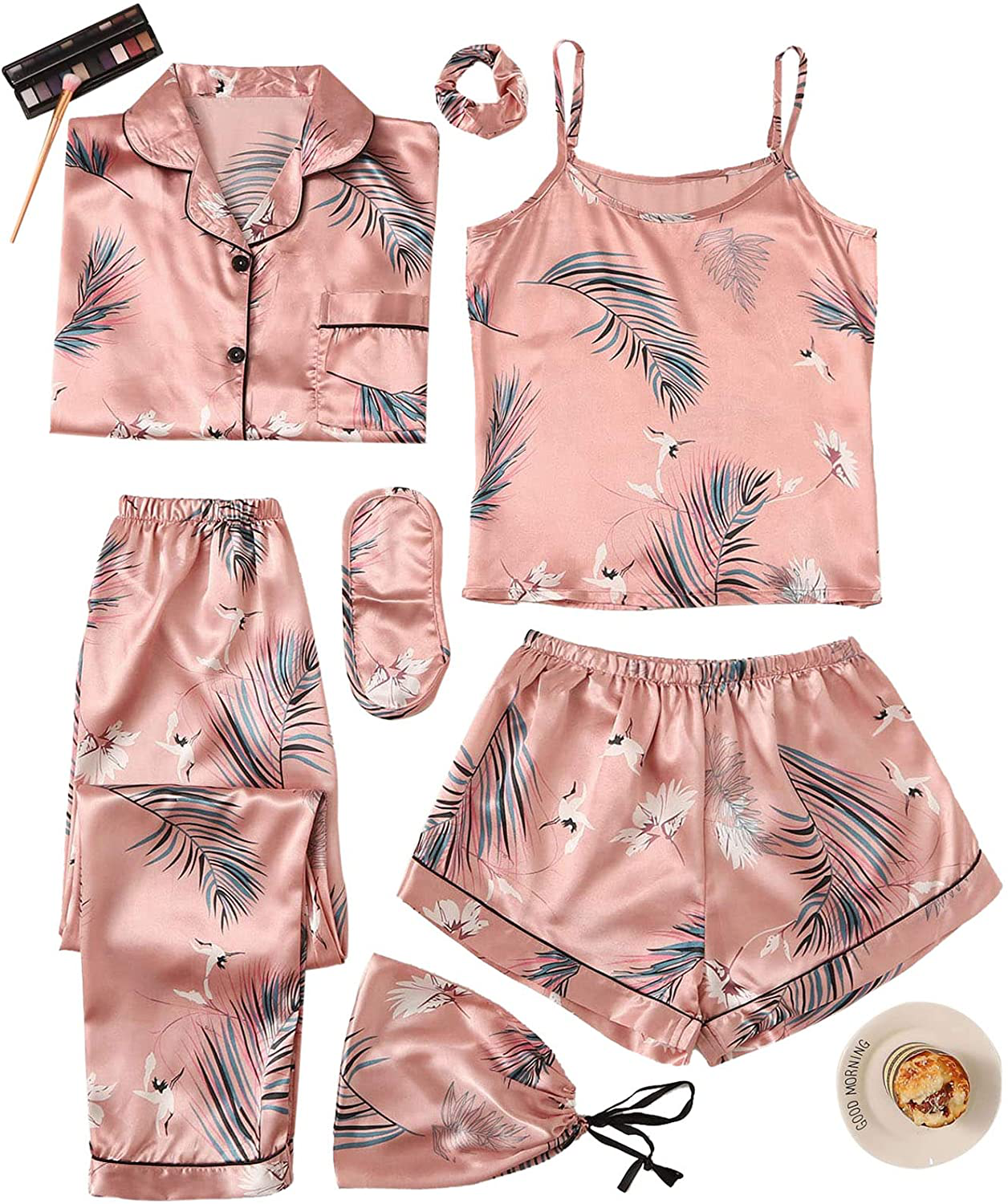 Shein Women'S 7Pcs Pajama Set Cami Pjs with Shirt and Eye Mask Apparel & Accessories > Clothing > Sleepwear & Loungewear Kylie Max