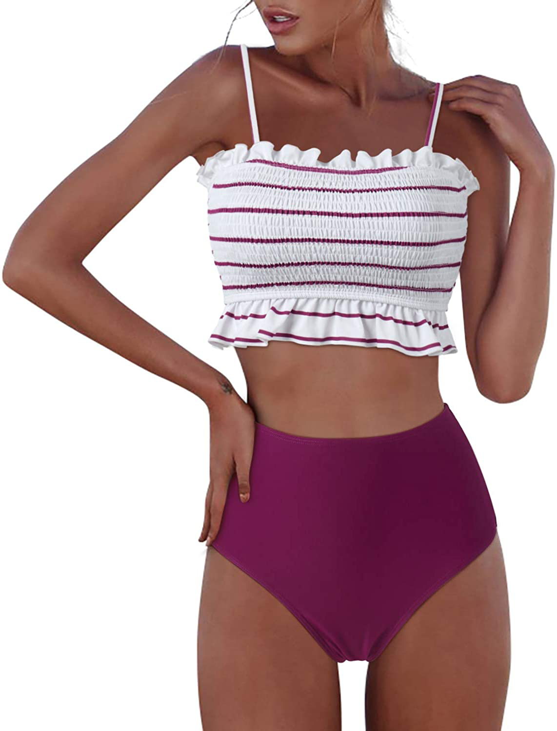 RXRXCOCO Womens Shirred Bandeau Bikini Cute Two Piece Swimsuit Off Shoulder High Waist Bathing Suit Apparel & Accessories > Clothing > Swimwear RXRXCOCO Wine Red-1 Small