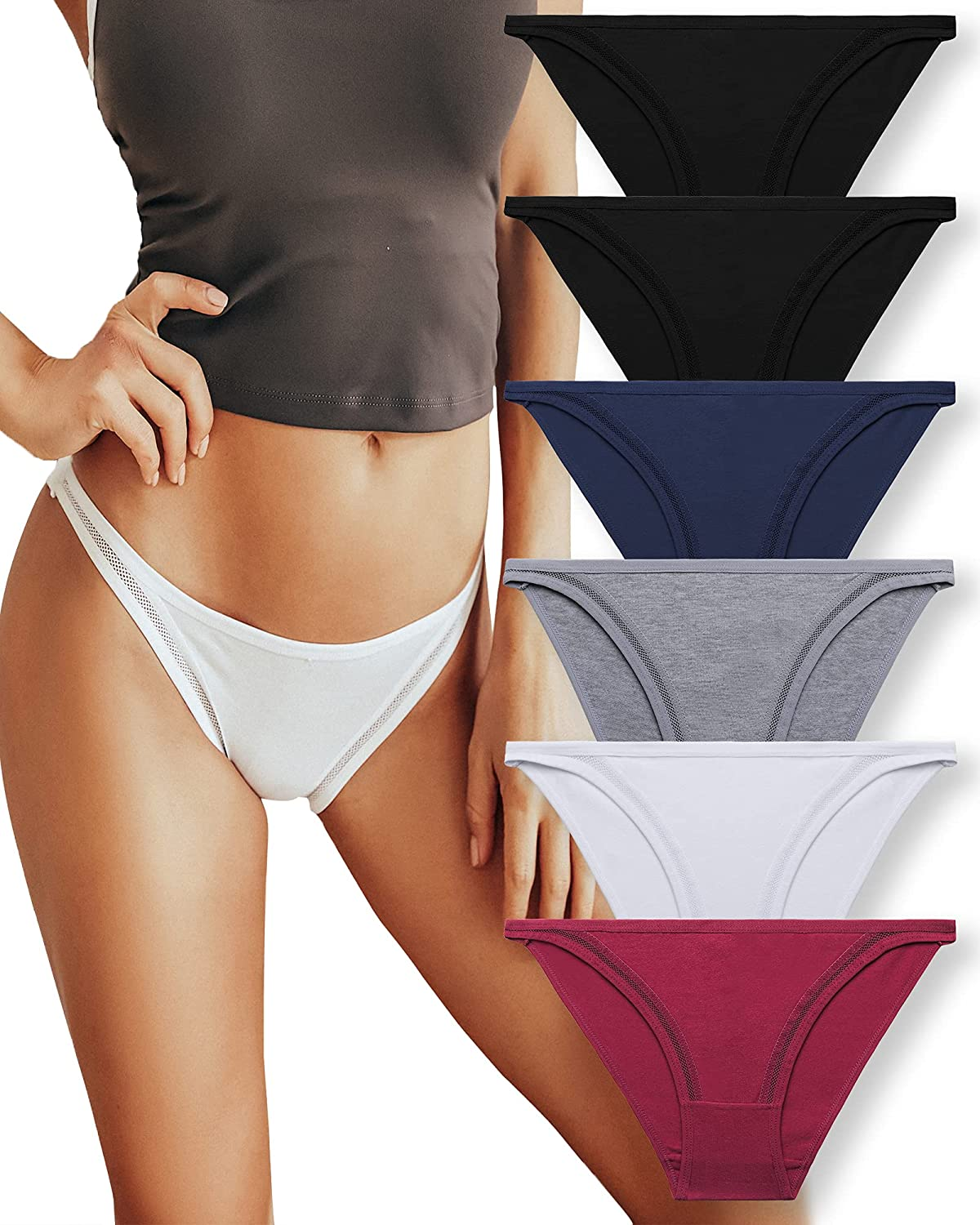 FINETOO 6 Pack Cotton Underwear for Women, Breathable Soft Stretch Hipster High Cut Cheeky String Bikini Panties Apparel & Accessories > Clothing > Underwear & Socks > Underwear KYLIE MAX 2black/1white/1navy Blue/1wine Red/1gray X-Small-Small