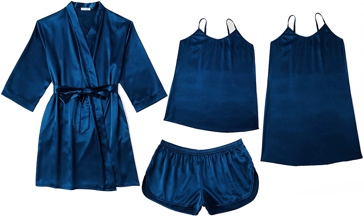 Ekouaer Women'S 4Pcs Pajama Set Silk Satin Robe Gift Set with Cami Shorts Set Mini Slip Chemise for Women Valentines Day Gift Apparel & Accessories > Clothing > Sleepwear & Loungewear Kylie Max