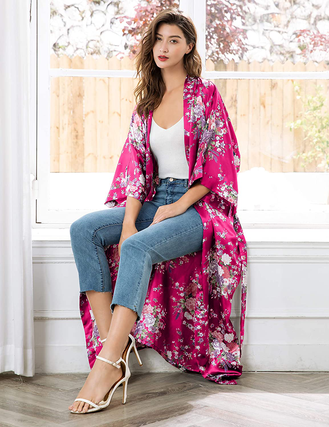 BABEYOND Long Print Kimono Robe Blouse Kimono Cover up Loose Cardigan Top Outwear Apparel & Accessories > Clothing > Sleepwear & Loungewear > Robes KYLIE MAX