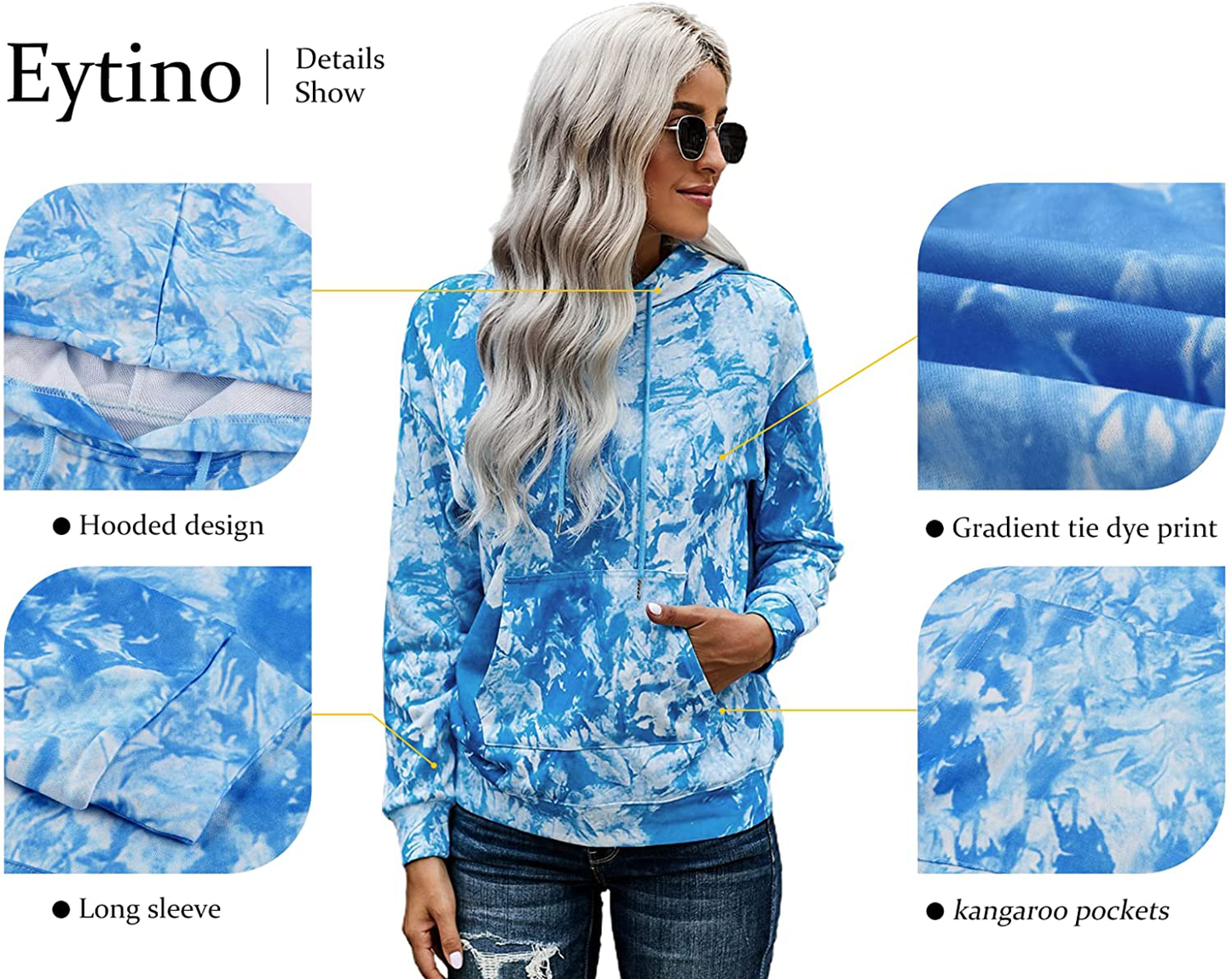 Eytino Women Hoodies Tops Tie Dye Printed Long Sleeve Drawstring Pullover Sweatshirts with Pocket(S-Xxl) Apparel & Accessories > Clothing > Activewear Kylie Max