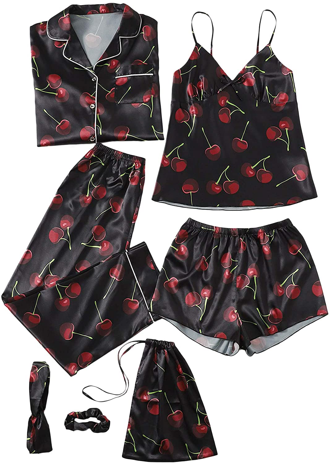 DIDK Women'S Satin 7Pcs Pajama Set Cami Pjs with Shirt and Eye Mask Sleepwear Apparel & Accessories > Clothing > Sleepwear & Loungewear Kylie Max