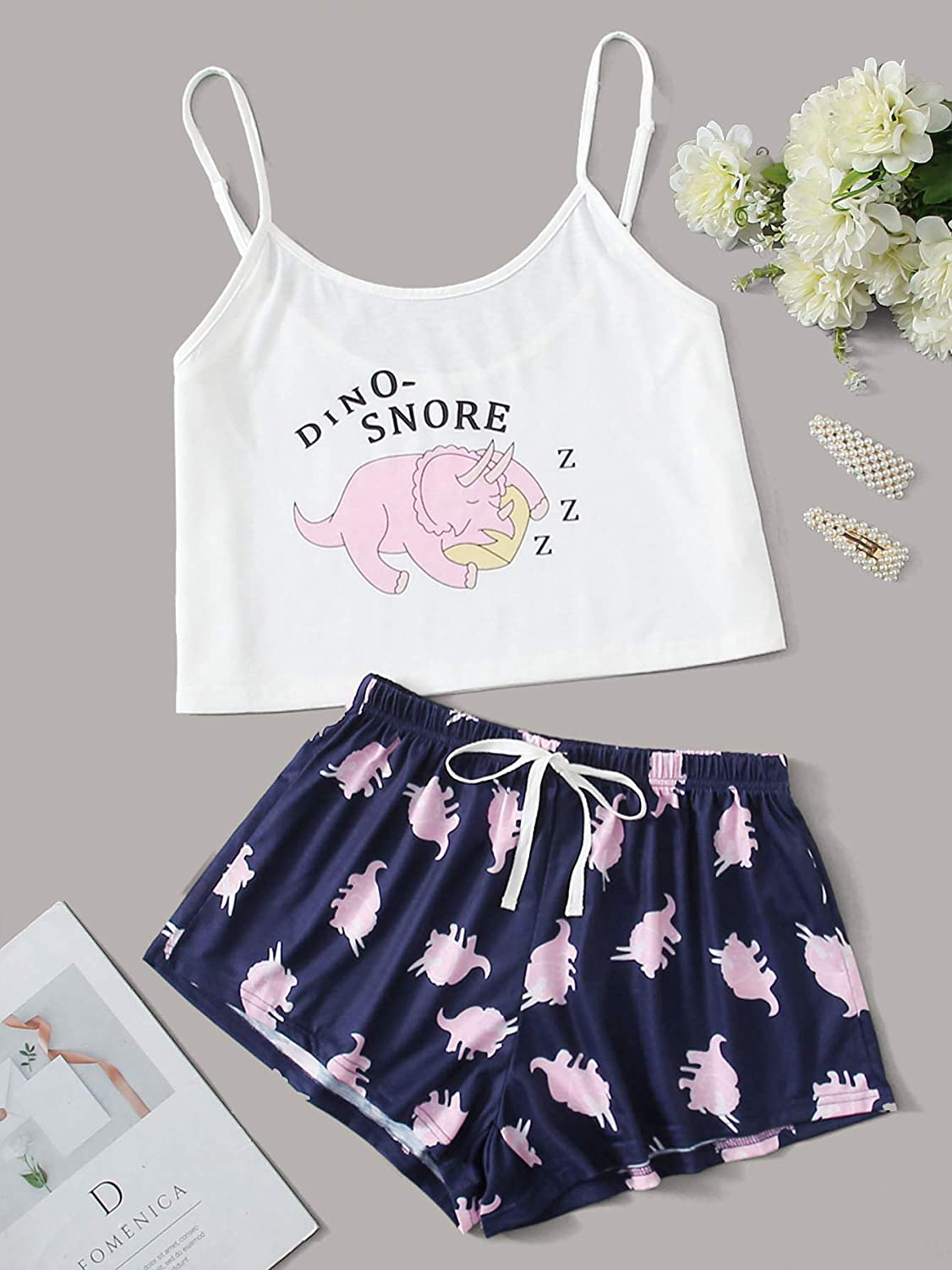 Shein Women'S Cute Cartoon Print Cami Top and Shorts Pajama Set Apparel & Accessories > Clothing > Sleepwear & Loungewear Kylie Max