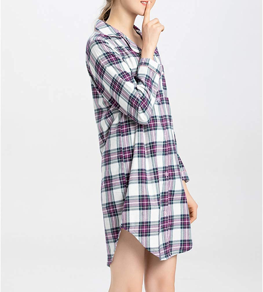 ENJOYNIGHT Women'S Sleep Shirt Flannel Print Pajama Top Button-Front Nightshirt Sleepwear Apparel & Accessories > Clothing > Sleepwear & Loungewear > Nightgowns Kylie Max