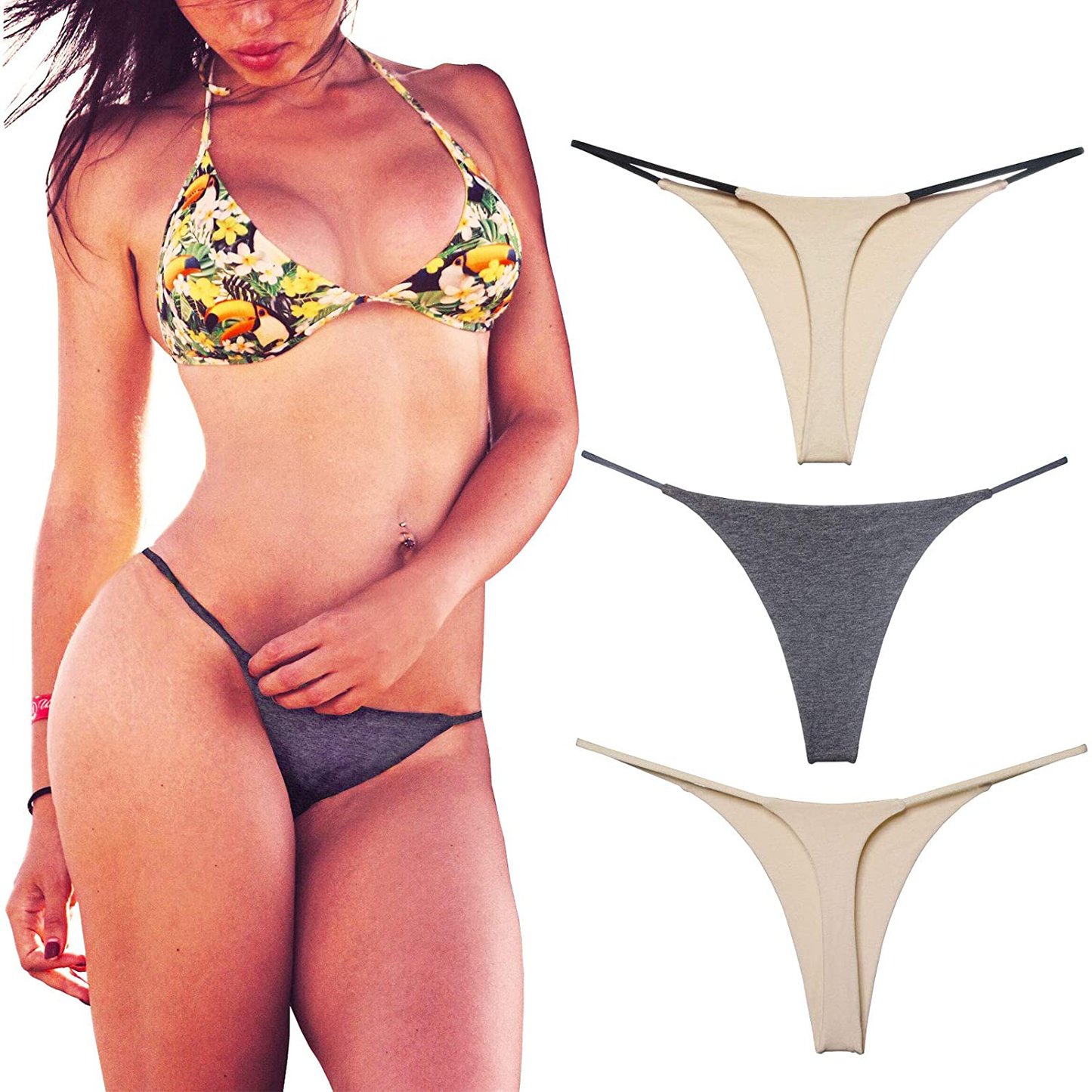 Cotton Thongs for Women Sexy Seamless Woman G String Panties 3 Pack Set Apparel & Accessories > Clothing > Underwear & Socks > Underwear KYLIE MAX Bare & Grey Series Small
