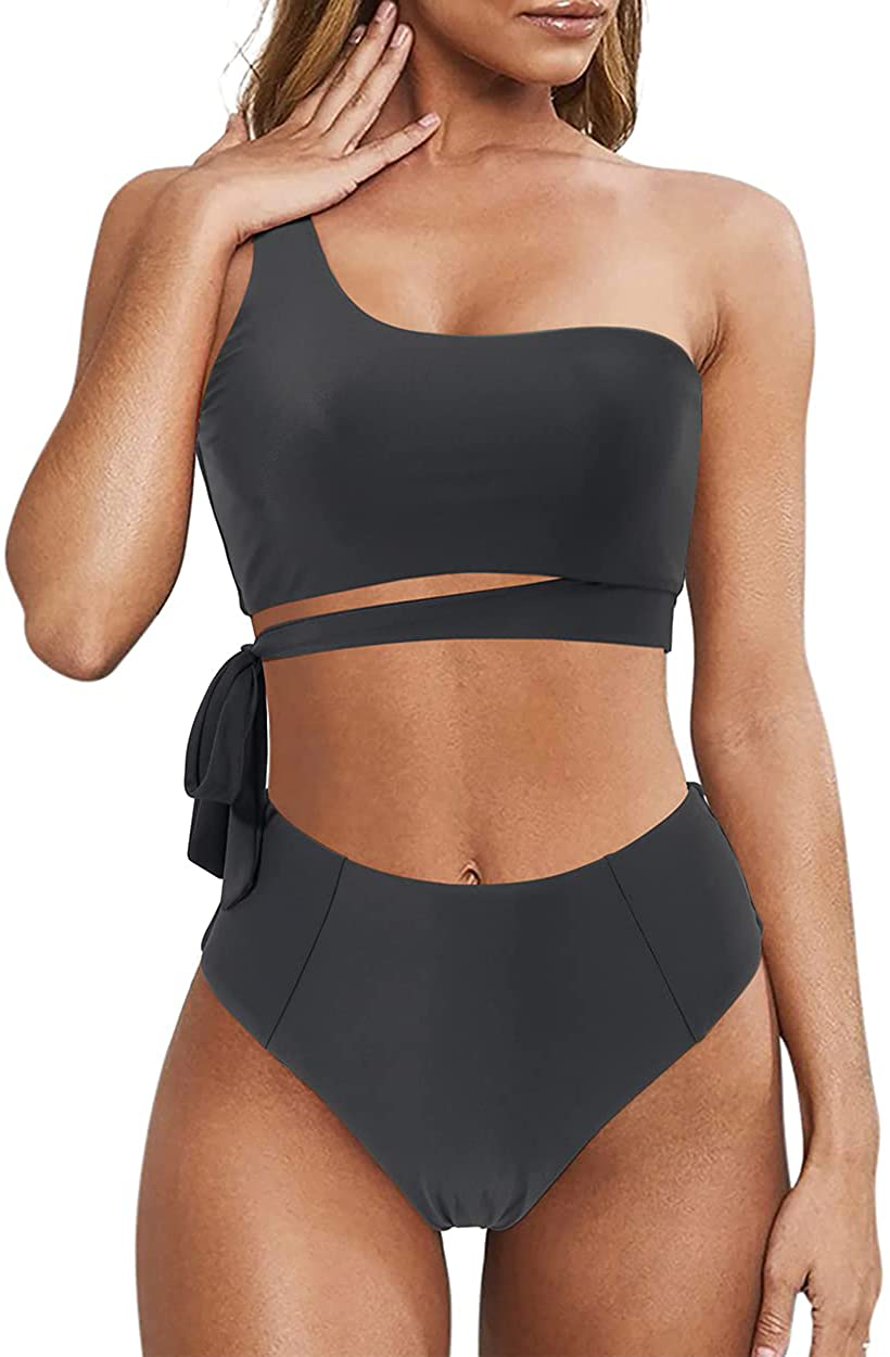 MOOSLOVER Women One Shoulder High Waisted Bikini Tie High Cut Two Piece Swimsuits Apparel & Accessories > Clothing > Swimwear MOOSLOVER Grey X-Large