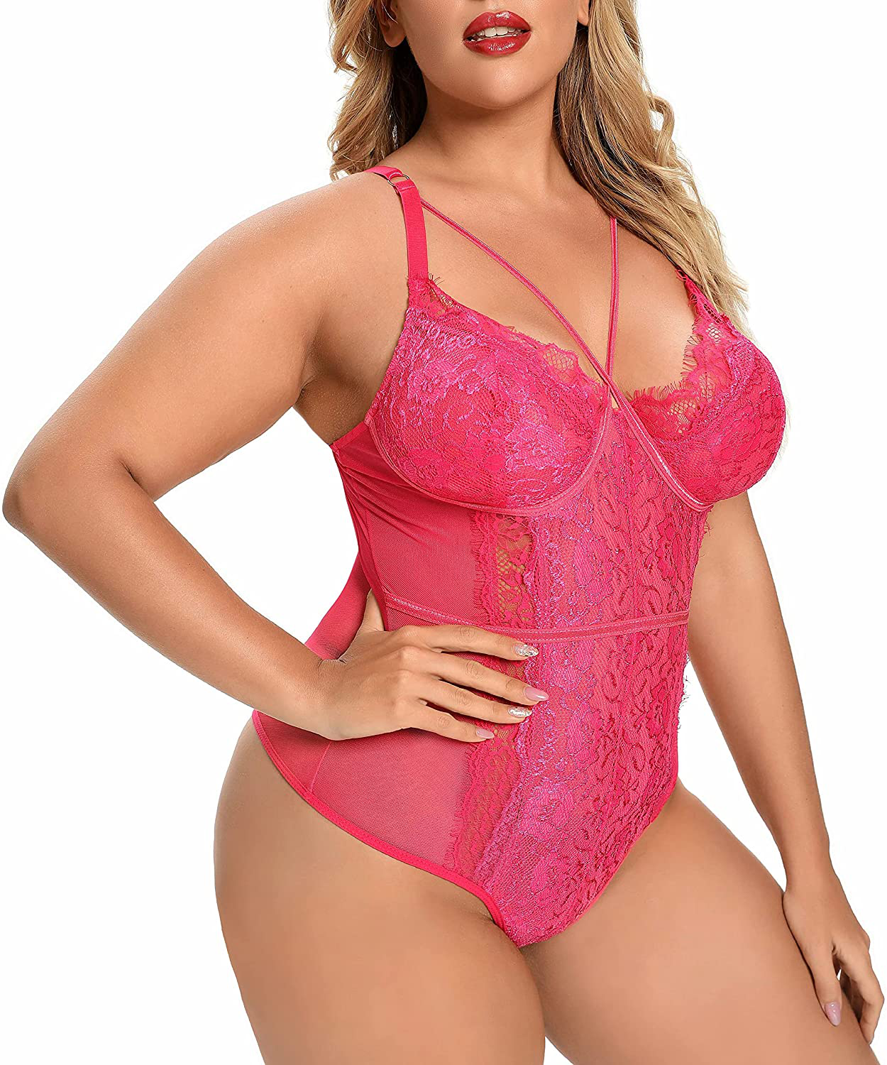 Plus Size Lingerie for Women Sexy Eyelash Lace Bodysuit Naughty Mesh One Piece Teddy Outfits Apparel & Accessories > Clothing > Underwear & Socks > Lingerie Ella Lust