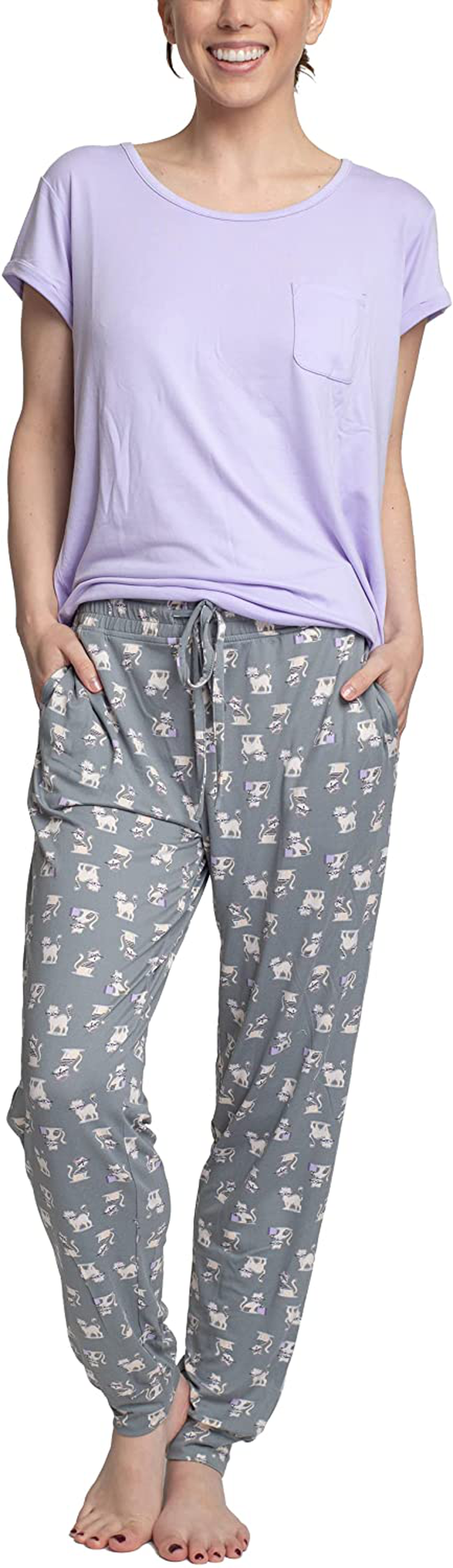 Hanes Women's Short Sleeve Top and Jogger Pant Cargo Pajama Sleep Set with Pockets Apparel & Accessories > Clothing > Sleepwear & Loungewear > Pajamas Hanes Purple/Grey Cat Medium