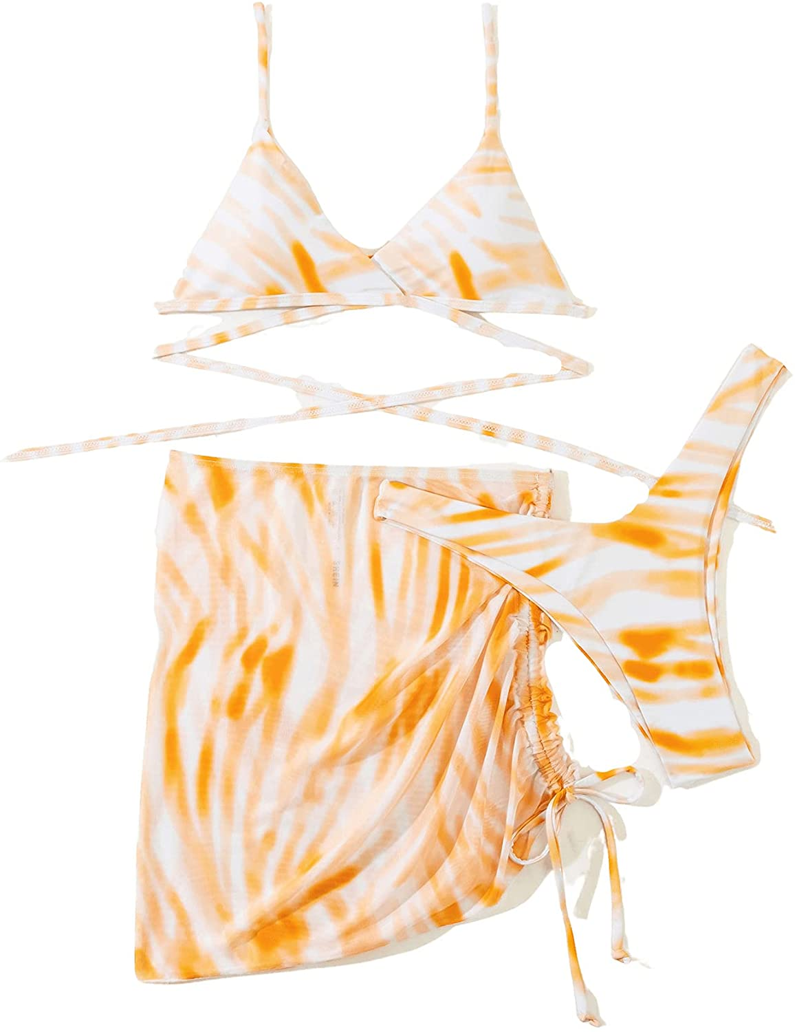 SOLY HUX Women'S Tie Dye Wrap Bikini Bathing Suits with Mesh Beach Skirt 3 Piece Swimsuits Apparel & Accessories > Clothing > Underwear & Socks > Lingerie KYLIE MAX Yellow Tie Dye Small