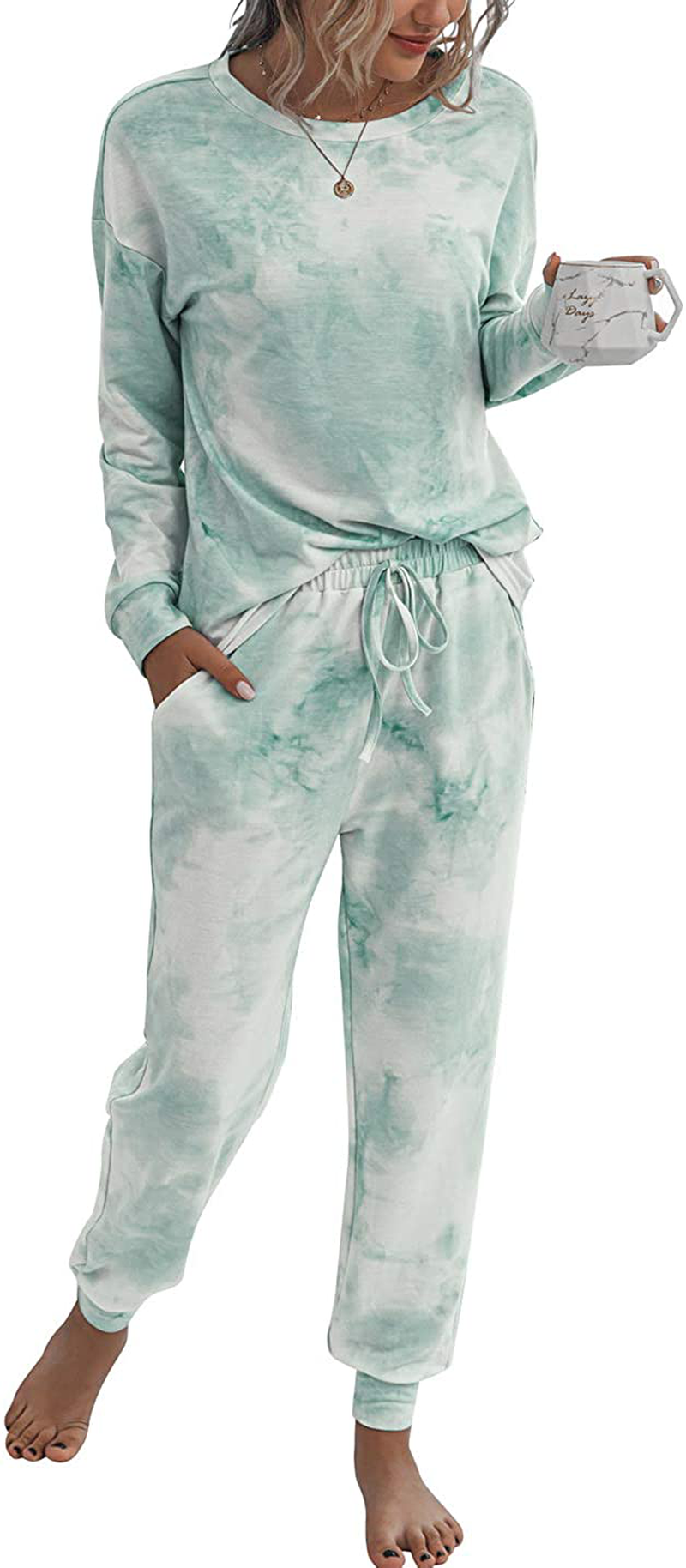 PRETTYGARDEN Women’s Tie Dye Two Piece Pajamas Set Long Sleeve Sweatshirt with Long Pants Sleepwear Apparel & Accessories > Clothing > Sleepwear & Loungewear > Pajamas PRETTYGARDEN Green Small