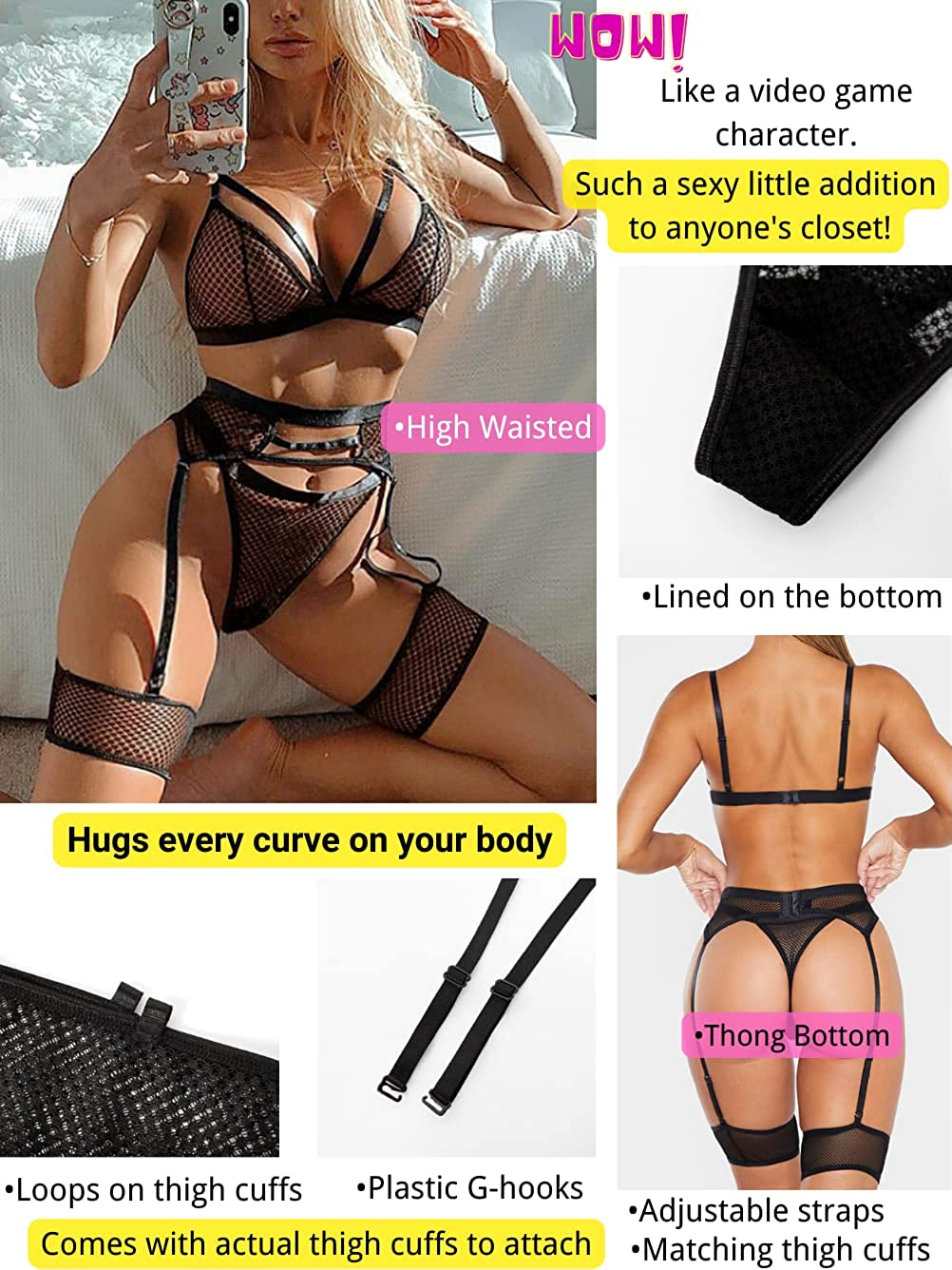Kaei&Shi 4 Piece,Strappy Triangle Bralette,Thong,Thigh Bands,Garter Lingerie Set Apparel & Accessories > Clothing > Underwear & Socks > Lingerie Kaei&Shi