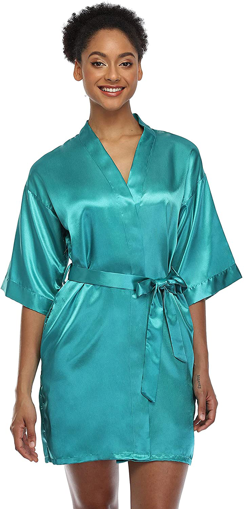 SUGAR JAN Women'S Short Satin Kimono Robes for Bride and Bridesmaids Silky Pure Color Bathrobe with Pockets Apparel & Accessories > Clothing > Sleepwear & Loungewear > Robes SUGAR JAN Dark Green Small-Medium