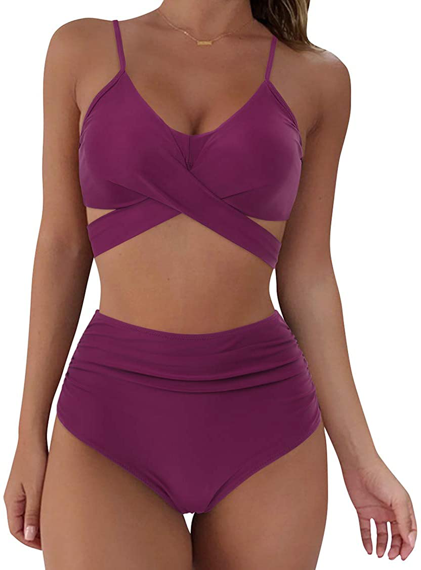 SUUKSESS Women Wrap Bikini Set Push Up High Waisted 2 Piece Swimsuits Apparel & Accessories > Clothing > Swimwear SUUKSESS 87 Wine Red 16-18
