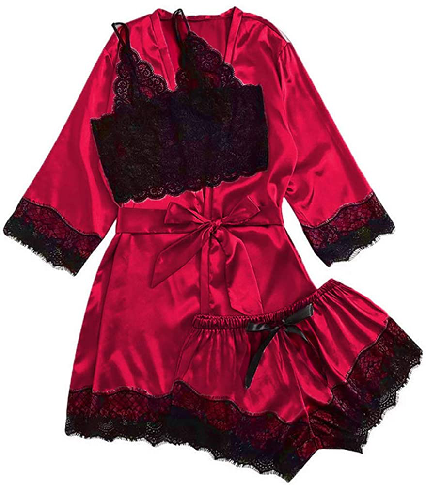 TAKOYI Women'S Sexy Lace 3 Piece Satin Robe and Pajama Set Cami Top Lingerie with Robe Camisole Shorts Apparel & Accessories > Clothing > Sleepwear & Loungewear Kylie Max