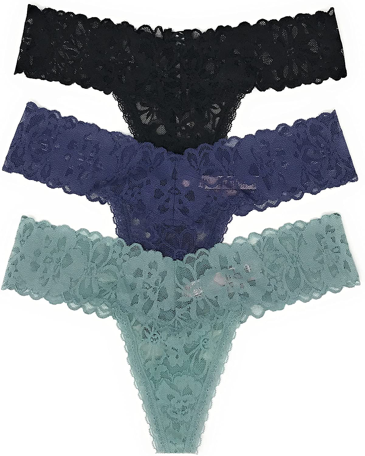 Victoria's Secret The Lacie Thong Panty Set of 3 Apparel & Accessories > Clothing > Underwear & Socks > Underwear Victoria's Secret Black Cross / Denim / Sage Small