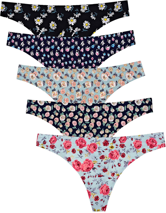 VOENXE Seamless Thongs for Women No Show Thong Underwear Women 5-10 Pack Apparel & Accessories > Clothing > Underwear & Socks > Underwear voenxe A-5 Pack Floral Design Medium