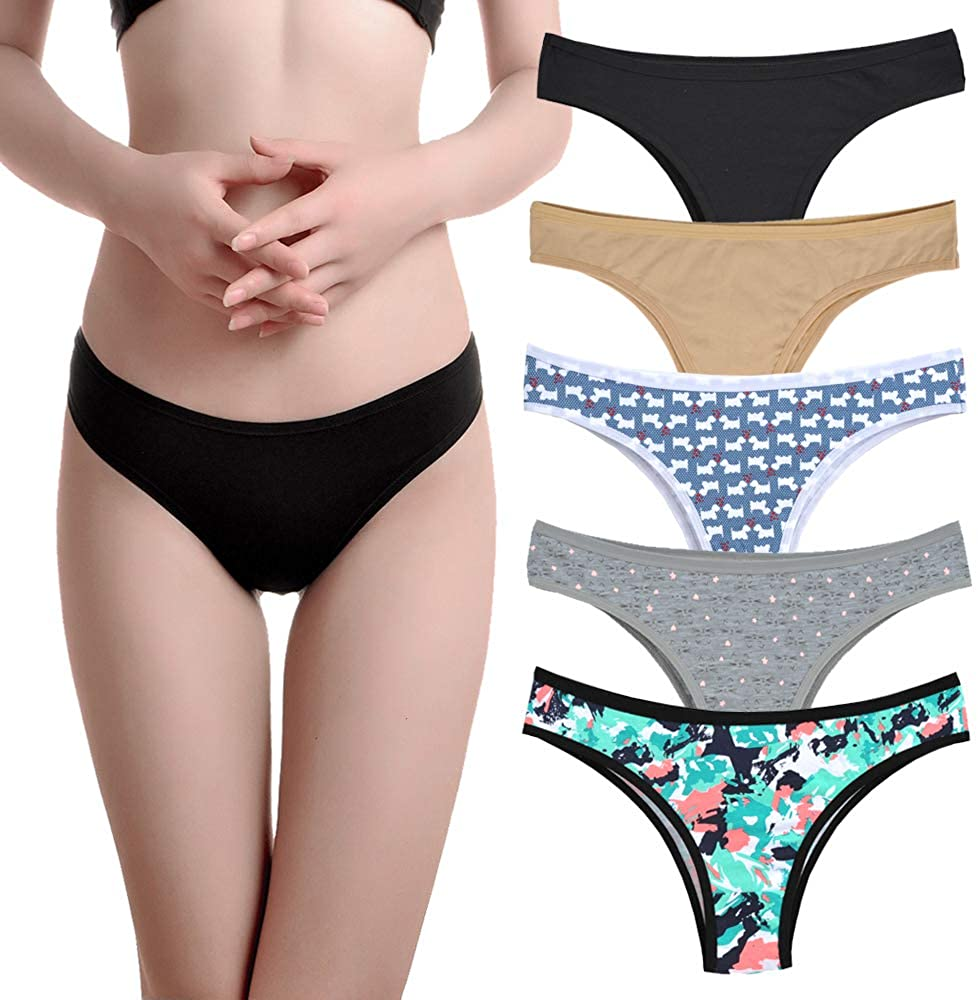 Nightaste Womens Cotton Cheeky Bikini Underwear Pack of 5Pcs Low Rise Half Back Coverage Tanga Panties Apparel & Accessories > Clothing > Underwear & Socks > Underwear Nightaste 3printed/Black/Beige X-Large(waist: 30.51")