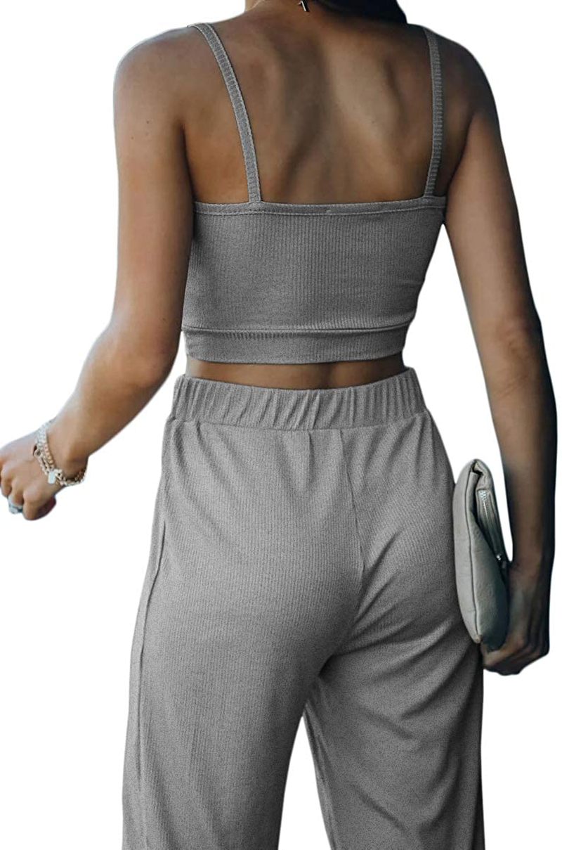 QINSEN Women'S Casual Two Piece Outfit Ribbed Spaghetti Strap Top Long Pants Tracksuit Joggers Sets Apparel & Accessories > Clothing > Sleepwear & Loungewear Kylie Max