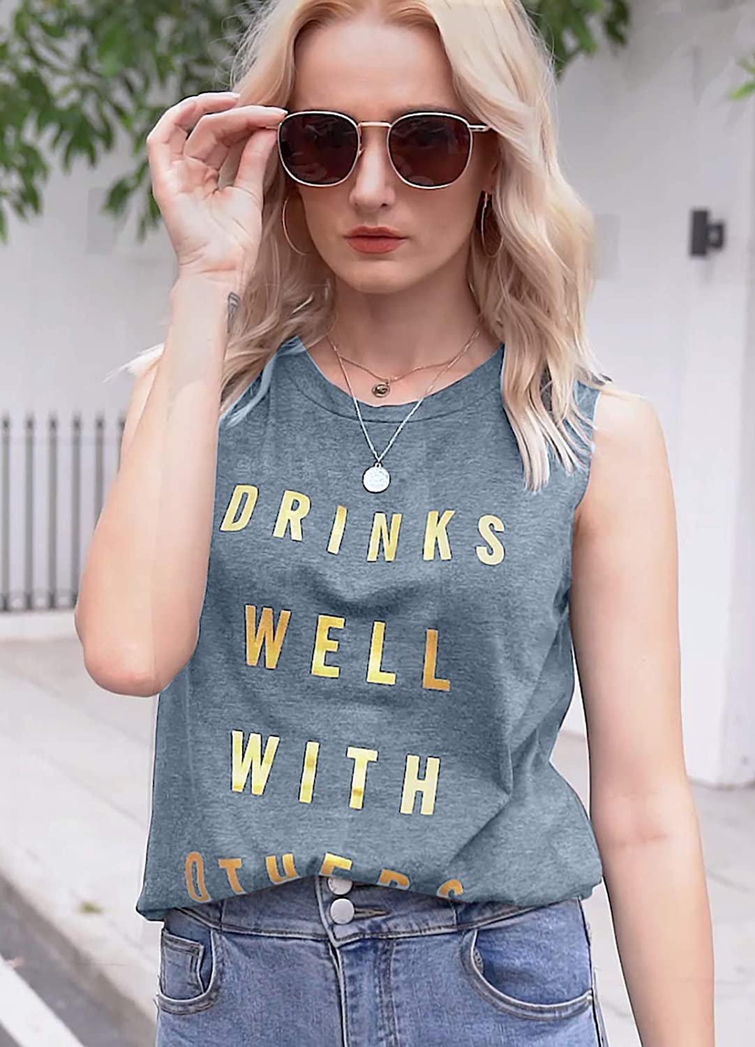 Drinks Well with Others Muscle Tank Tops Womens Funny Drinking Alcohol Sleeveless Letter Printed Graphic Tee Shirt Tops Apparel & Accessories > Clothing > Activewear Kylie Max