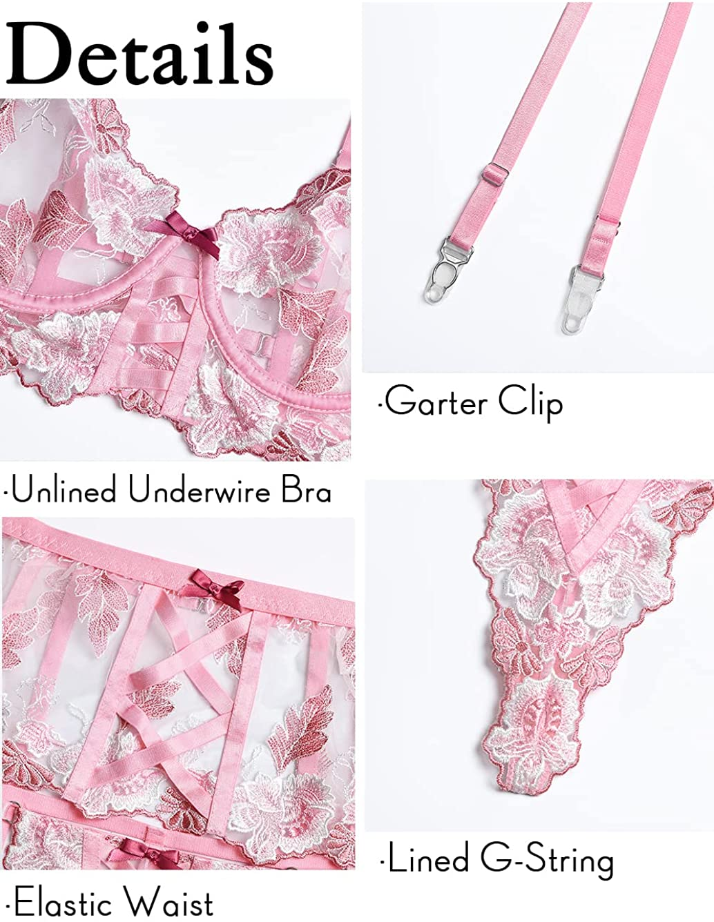 Kaei&Shi Cute Floral Embroidered, Lace up Strap, 3 Piece High Waisted Garter Lingerie Apparel & Accessories > Clothing > Underwear & Socks > Lingerie Kaei&Shi