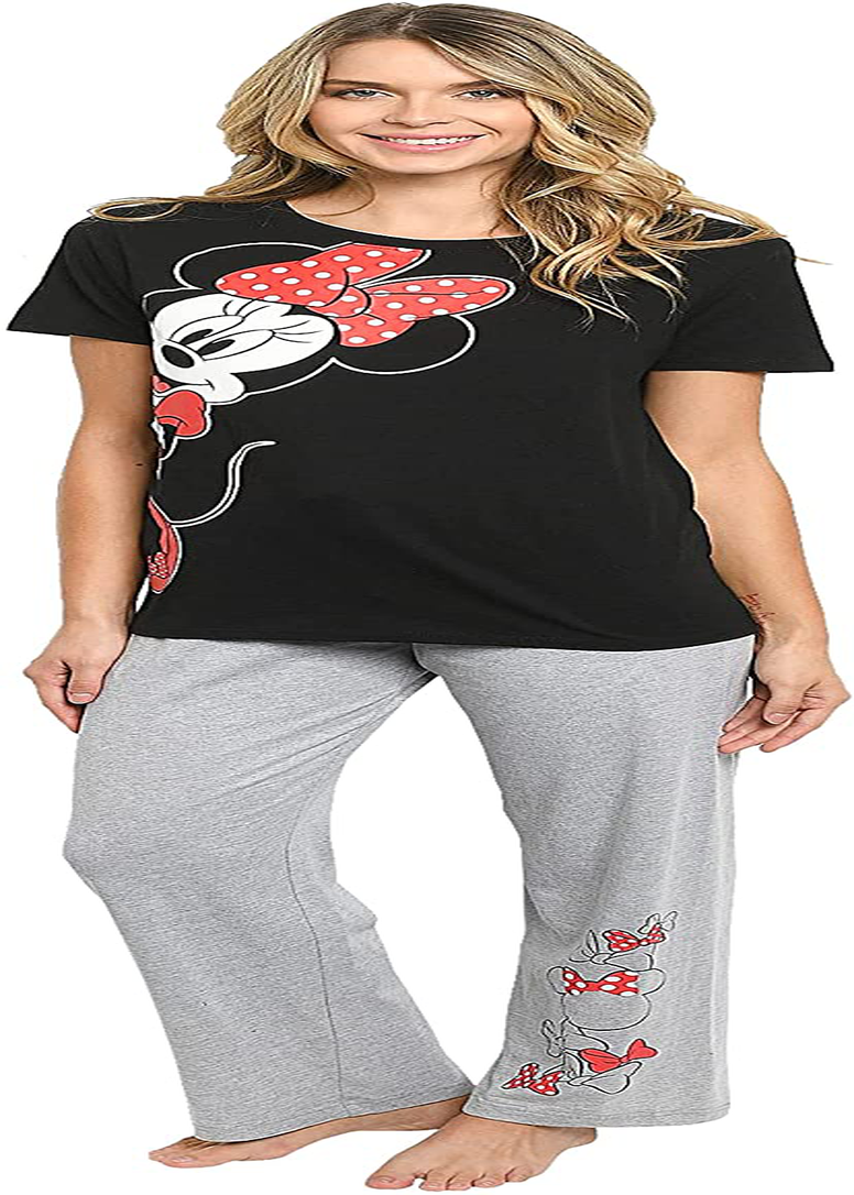 Disney Womens Pajama Set Minnie Mouse Lounge Wear Apparel & Accessories > Clothing > Sleepwear & Loungewear > Pajamas Disney Black Tee & Grey Pants Large