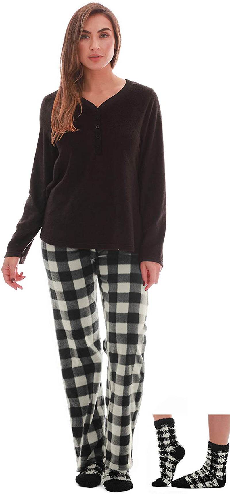 Just Love Women’s Ultra-Soft Pajama Pant Set with Matching Fuzzy Socks Apparel & Accessories > Clothing > Sleepwear & Loungewear > Pajamas Just Love White Black - Buffalo Plaid Large