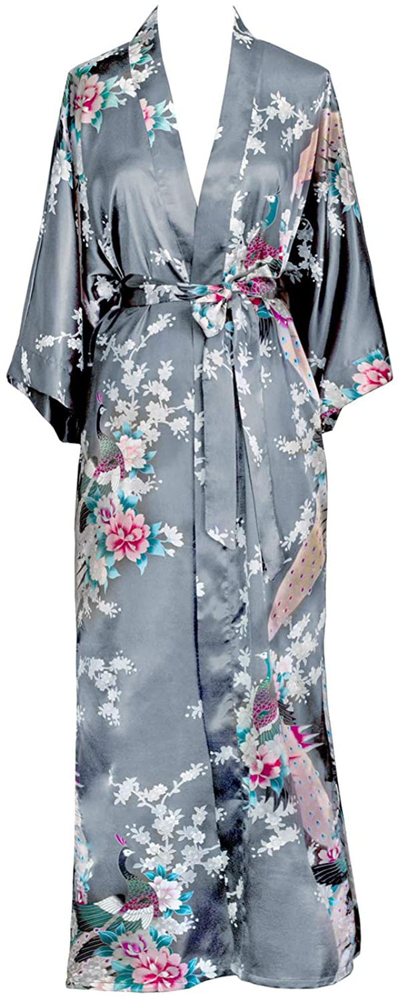 KIM+ONO Women'S Satin Kimono Robe Long - Floral Apparel & Accessories > Clothing > Sleepwear & Loungewear > Robes KIM+ONO Peacock & Blossoms - Stone