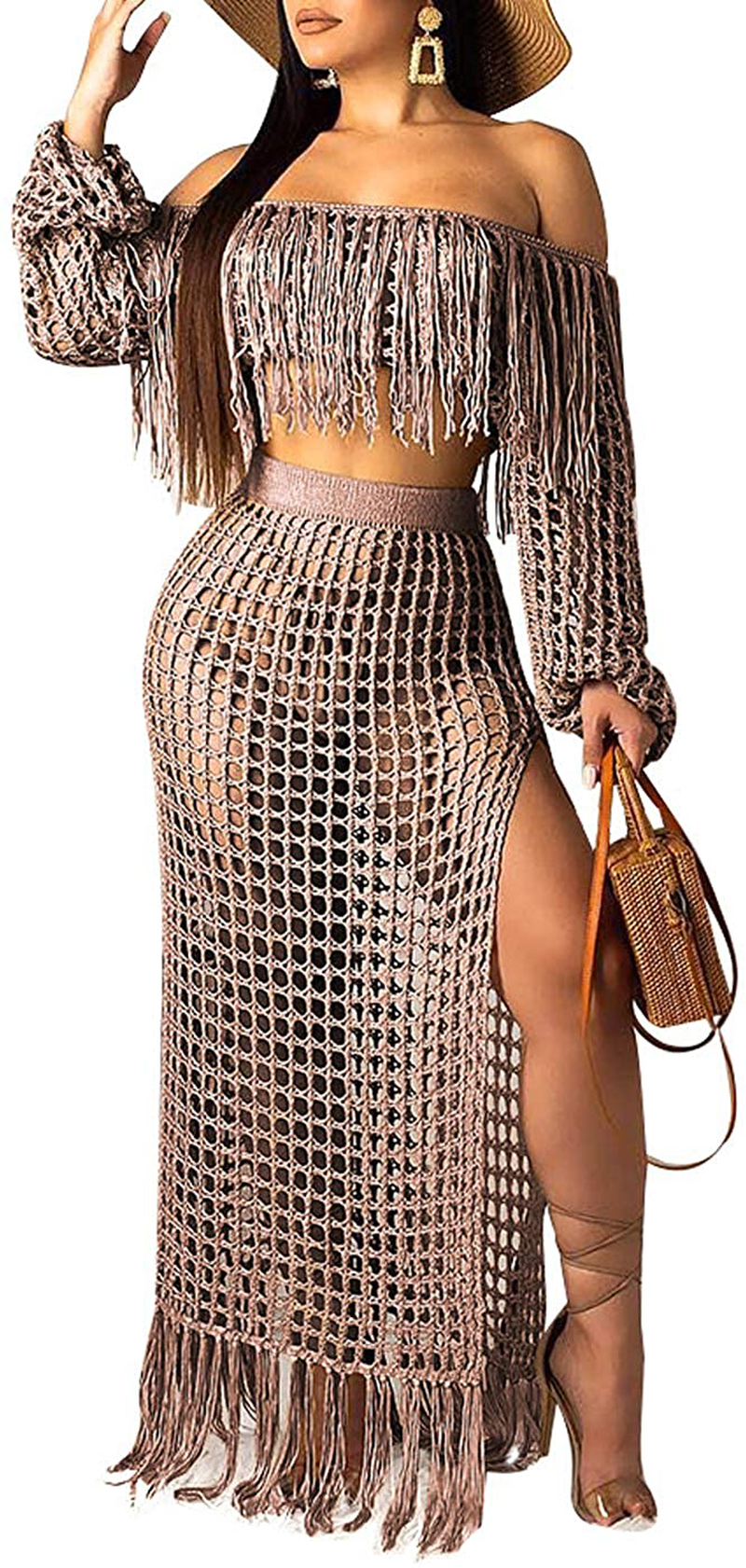 Women Sexy Tassels Hollow Out 2 Piece Outfits See through off Shoulder Crop Top and Split Maxi Dress Set Bikini Cover Up Apparel & Accessories > Clothing > Swimwear Kylie Max