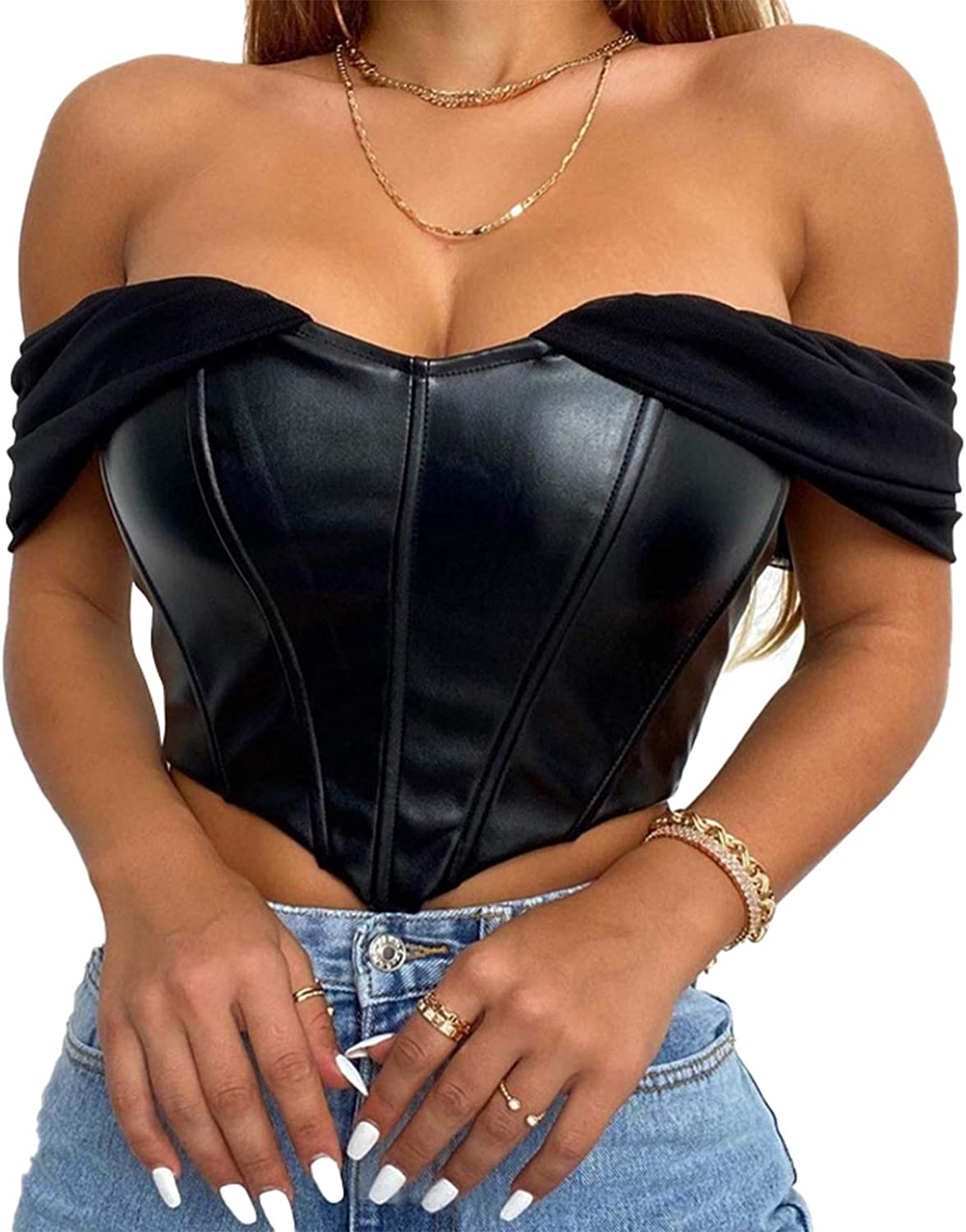 Corset Top for Women Sexy Strappy Bustier Faux Leather Overbust Waist Cincher Lace up Shapewear Top Summer Outwear Top Apparel & Accessories > Clothing > Underwear & Socks > Lingerie DCD A Black Small