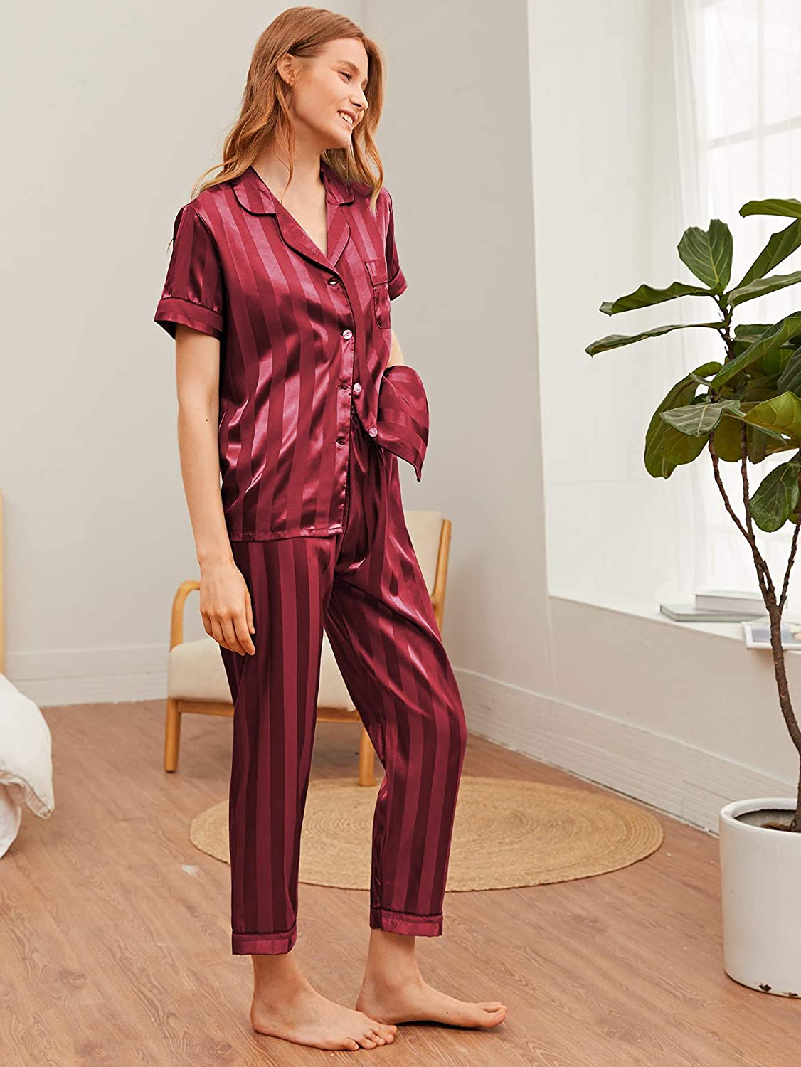 WDIRARA Women'S Silk Satin Pajama Set 4 Pieces Sleepwear Loungewear Pj Sets Apparel & Accessories > Clothing > Sleepwear & Loungewear Kylie Max
