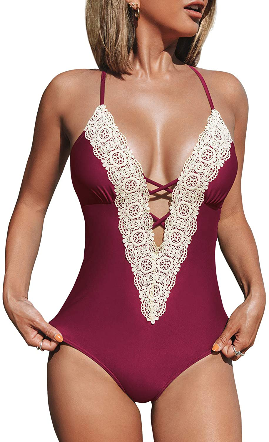 CUPSHE Fashion Women's Ladies Vintage Lace Bikini Sets Beach Swimwear Bathing Suit Apparel & Accessories > Clothing > Swimwear CUPSHE Red Small