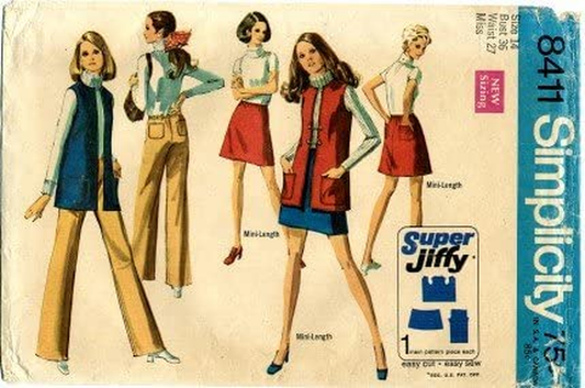 Simplicity 8411 Sewing Pattern Misses Mini-Skirt Vest Hiphugger Pants Size 14 - Bust 36 Apparel & Accessories > Clothing > Underwear & Socks > Underwear Simplicity