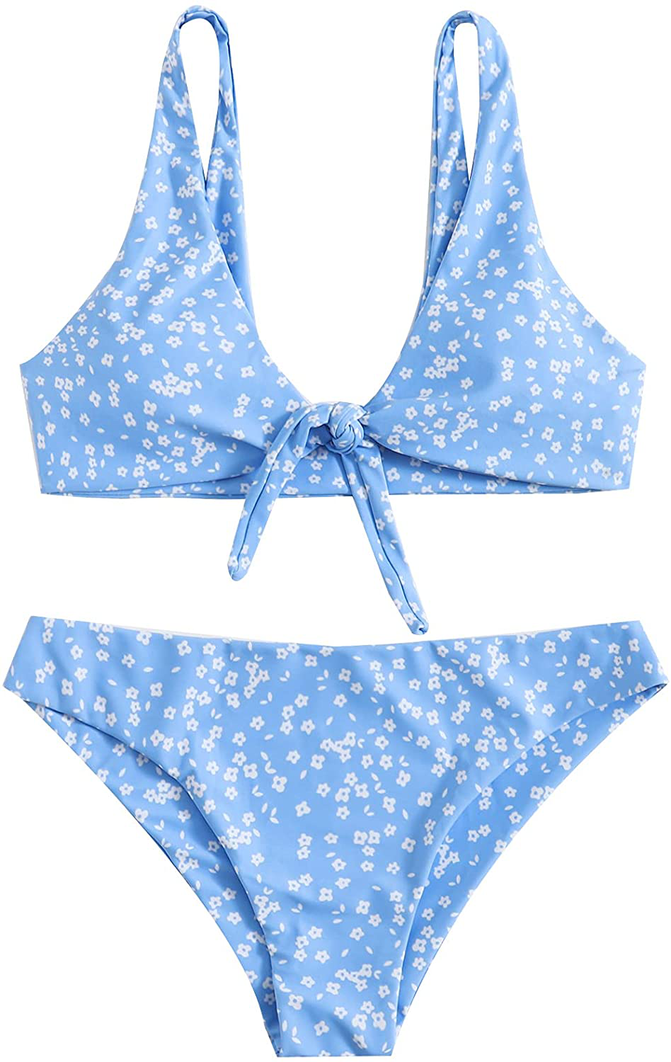 SweatyRocks Women's Sexy Bikini Swimsuit Tie Knot Front Leopard Print Swimwear Set Apparel & Accessories > Clothing > Swimwear SweatyRocks Floral White Blue X-Large