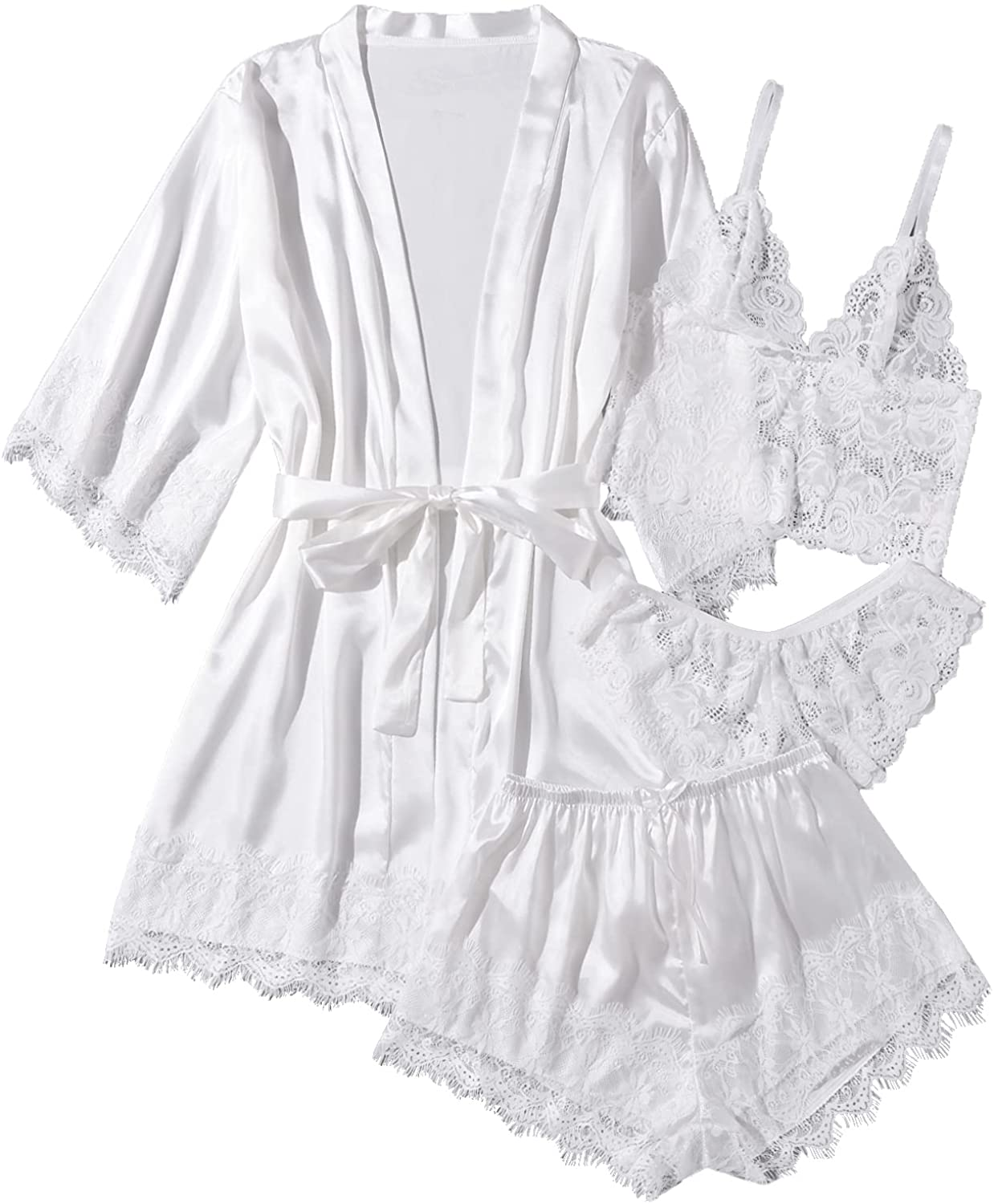 WDIRARA Women'S 4 Pieces Satin Floral Lace Cami Top Lingerie Pajama Set with Robe Apparel & Accessories > Clothing > Underwear & Socks > Lingerie WDIRARA Snow White X-Large