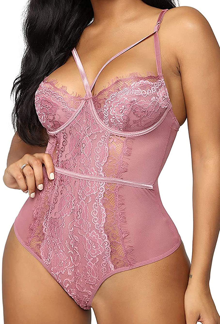 See Through Lingerie,V-Neck Lace Babydoll,Sexy Lingerie Women,One Piece Bodysuit Apparel & Accessories > Clothing > Underwear & Socks > Lingerie Kaei&Shi Pink X-Large