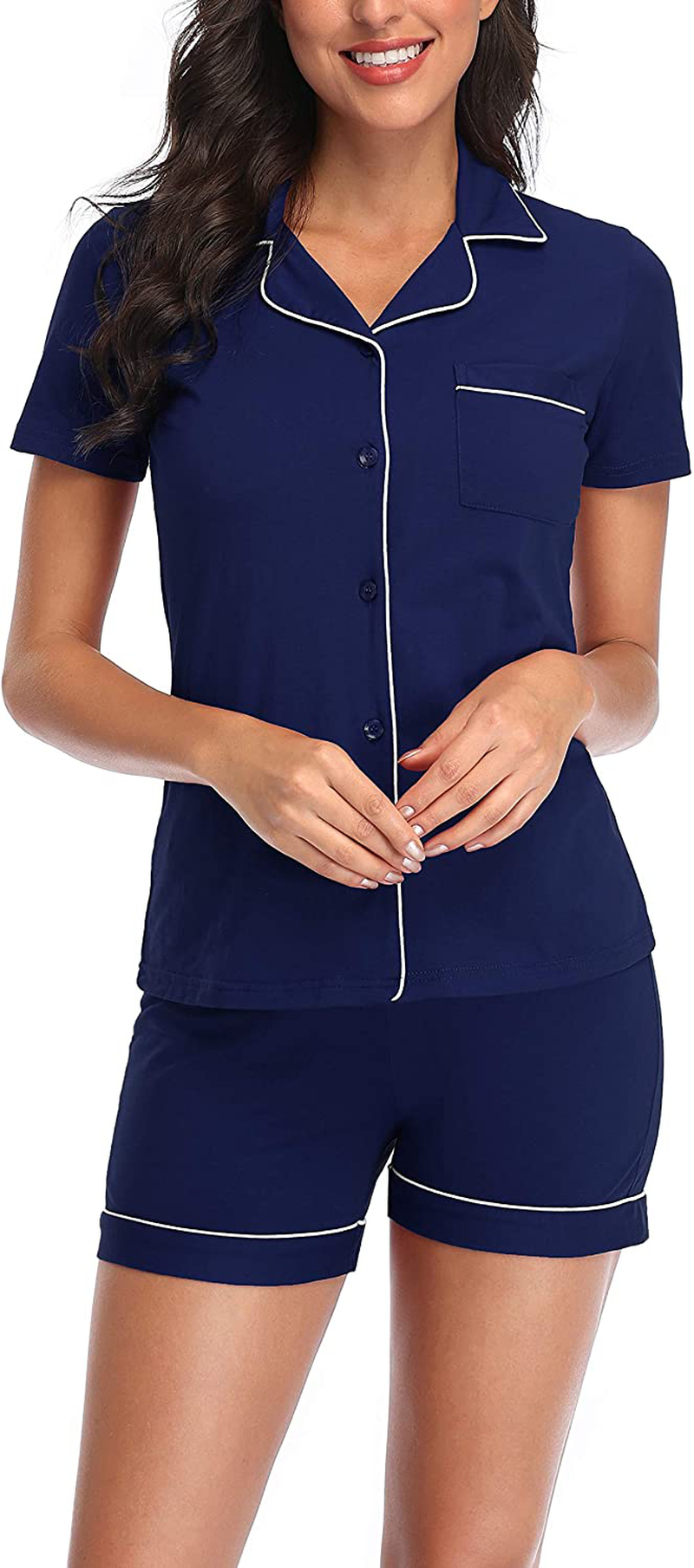 Women's Pajamas Set, Short Sleeve Sleepwear Button-Down Nightwear Soft Pj Lounge Sets Pajamas for Women Apparel & Accessories > Clothing > Sleepwear & Loungewear > Pajamas CULAYII Dark Blue Medium