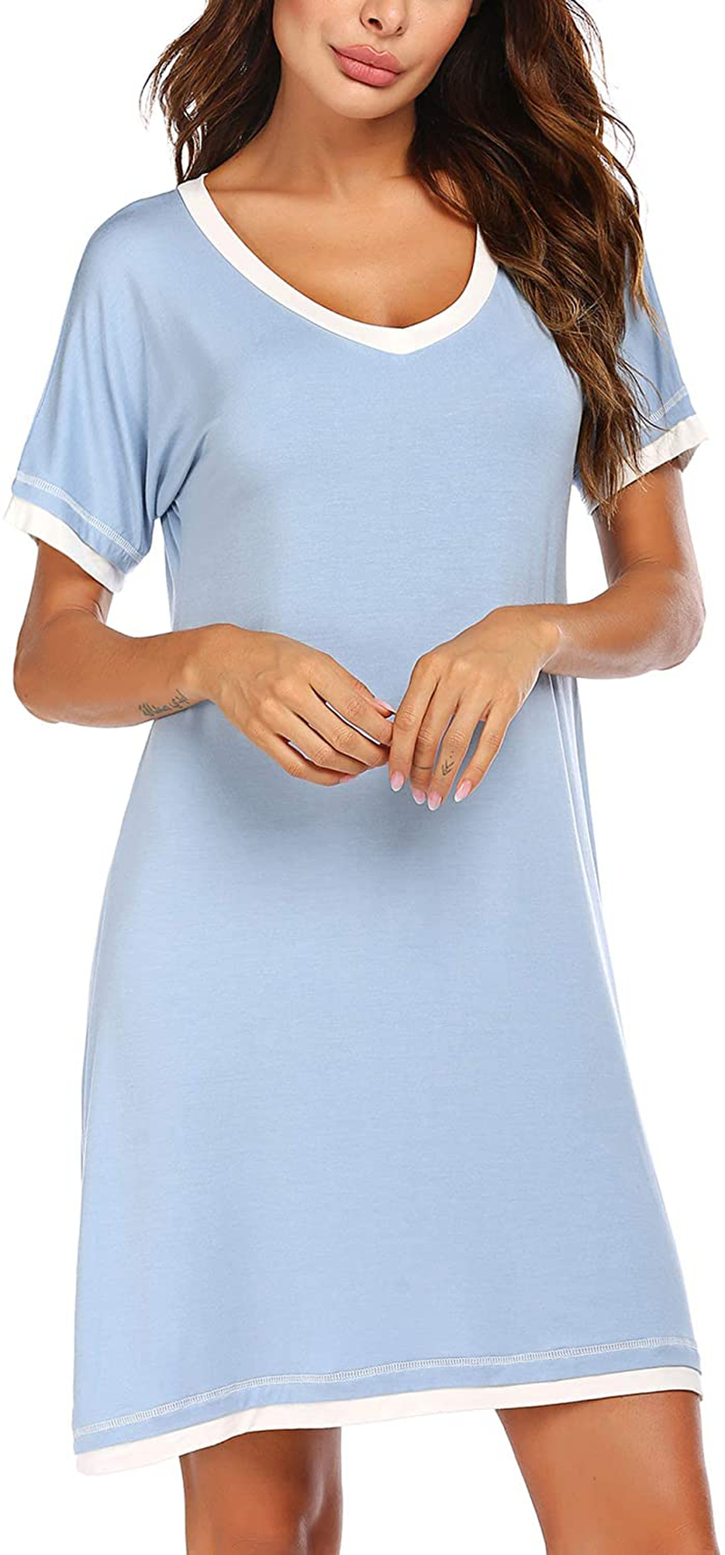 Ekouaer Nightgowns for Womens Short Sleeve Nightdress V Neck Nightshirt Comfy Sleep Shirt S-XXL Apparel & Accessories > Clothing > Sleepwear & Loungewear > Nightgowns Kylie Max