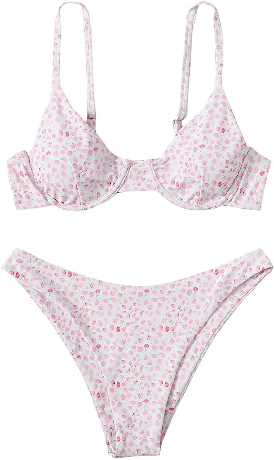 SweatyRocks Women's Sexy Bathing Suits Spaghetti Strap Floral Bikini Set Underwire Swimsuit Apparel & Accessories > Clothing > Swimwear SweatyRocks Floral White Pink Small