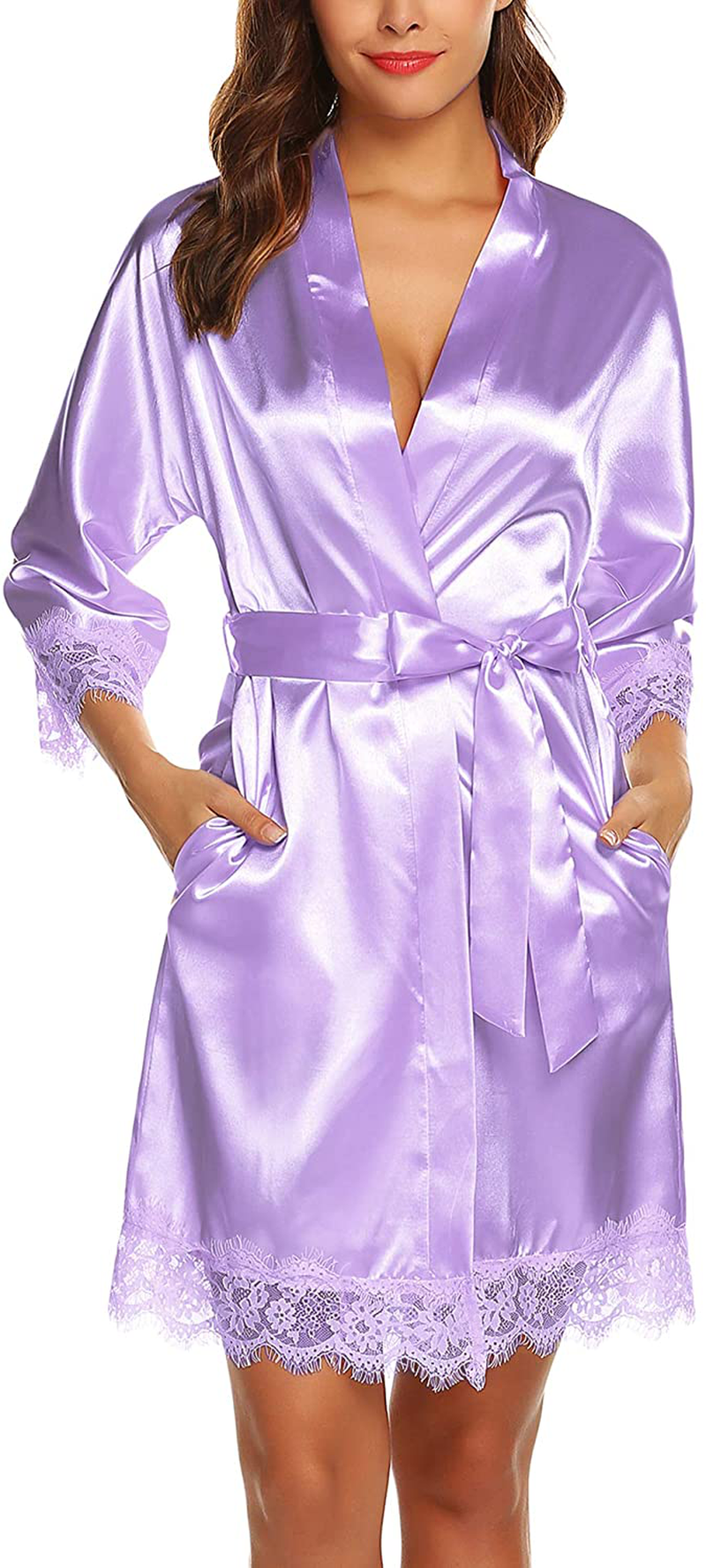 URRU Women'S Satin Silk Bathrobe Oblique V-Neck Short Kimono Robe Bridesmaids Robe S-XXXL Apparel & Accessories > Clothing > Sleepwear & Loungewear > Robes KYLIE MAX Light Purple Small