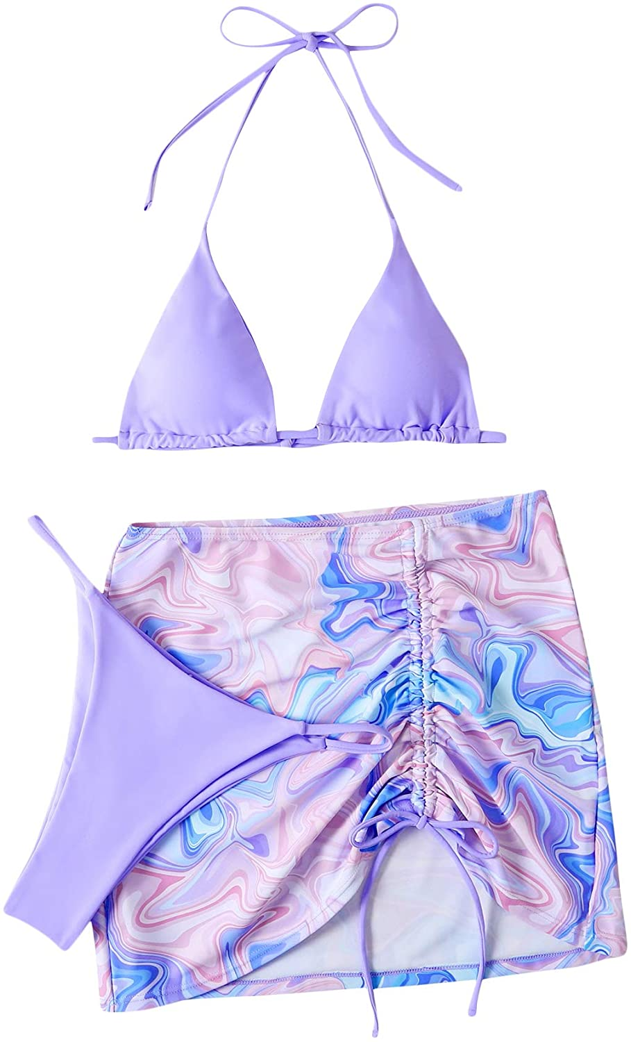 SOLY HUX Women'S Tie Dye Wrap Bikini Bathing Suits with Mesh Beach Skirt 3 Piece Swimsuits Apparel & Accessories > Clothing > Underwear & Socks > Lingerie KYLIE MAX Purple Printed Medium