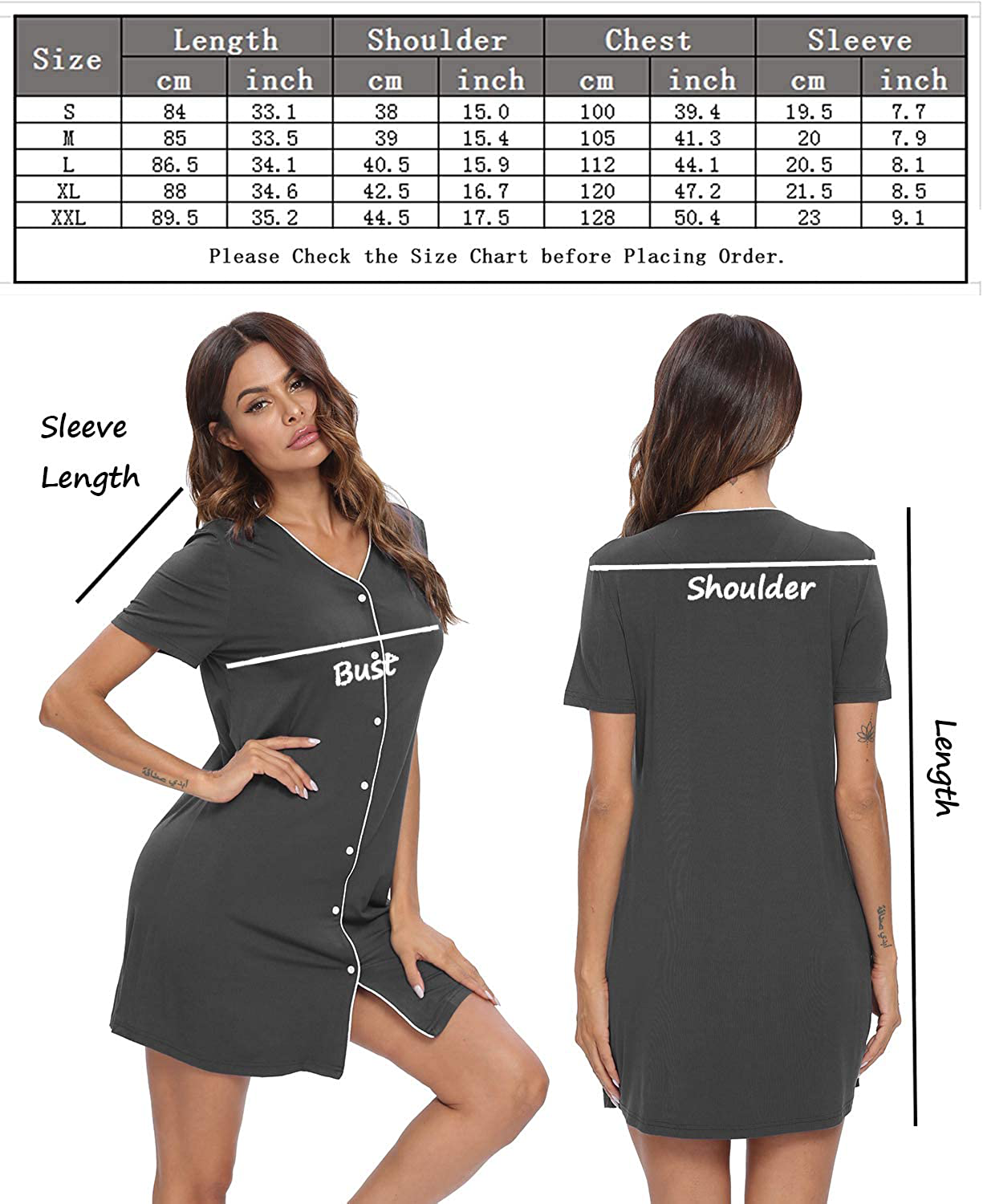 SWOMOG Women'S Button down Nightgown Short Sleeve Nightshirt V-Neck Sleepwear Boyfriend Sleepshirt Pajama Dress Apparel & Accessories > Clothing > Sleepwear & Loungewear > Nightgowns Kylie Max