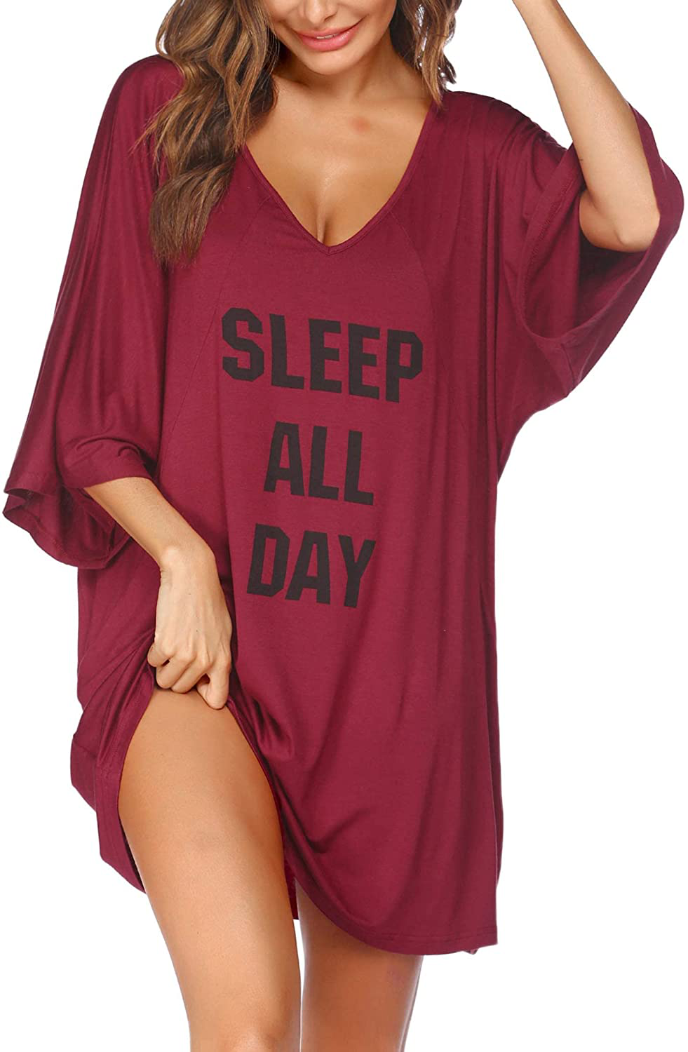Ekouaer Women'S Sleepshirt Deep V Neck Nightgown Batwing Nightshirt Oversized Sleepwear Loungewear plus Size Apparel & Accessories > Clothing > Sleepwear & Loungewear > Nightgowns Kylie Max