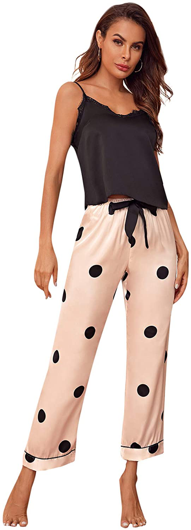 Shein Women'S 3 Piece Lace Trim Polka Dots Cami Top and Shorts Pants Satin Pajama Set Apparel & Accessories > Clothing > Sleepwear & Loungewear Kylie Max